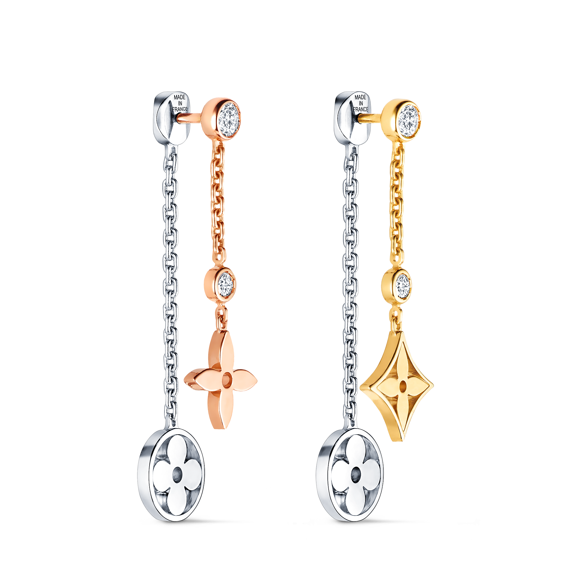 Blossom long earrings, 3 golds and diamonds