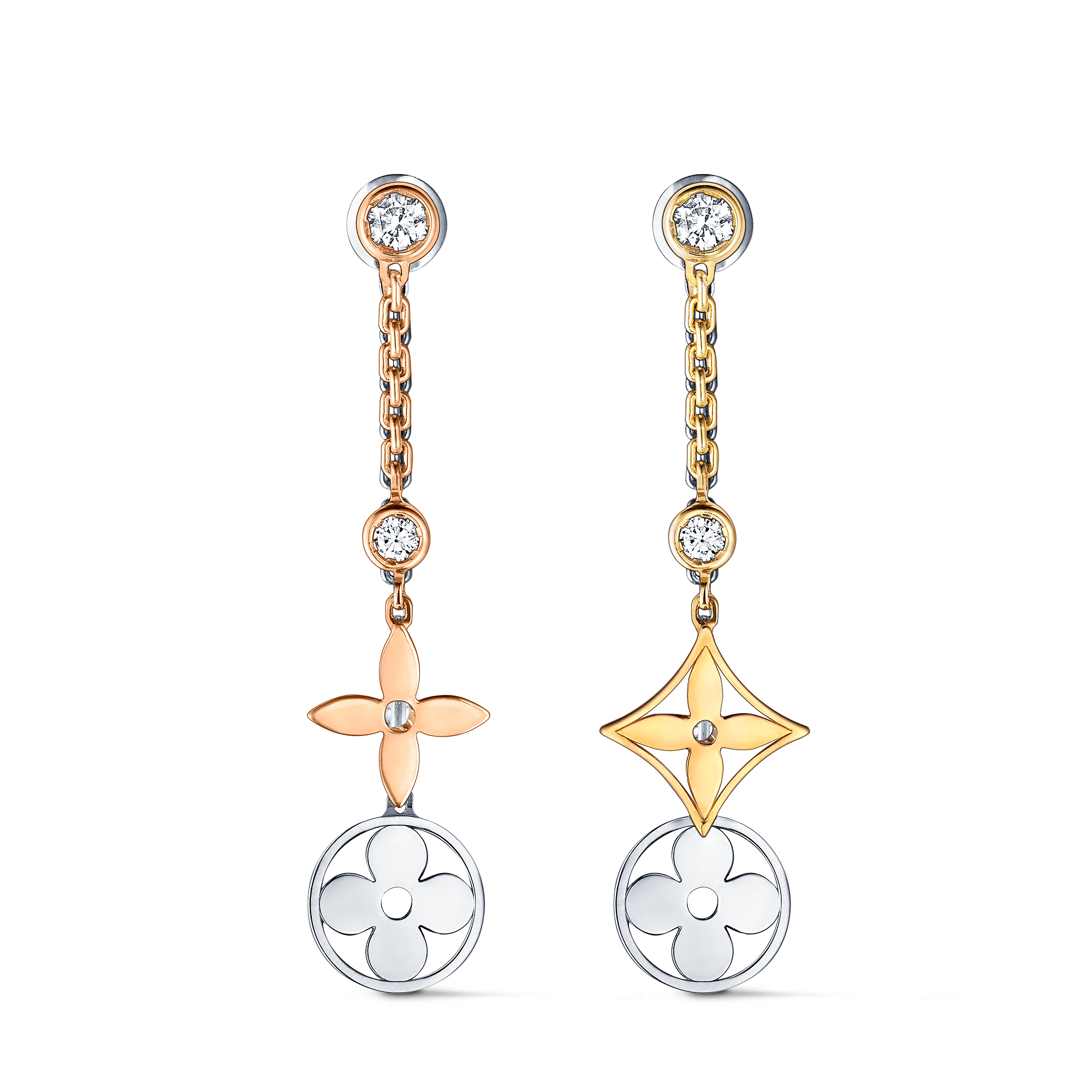 Blossom long earrings, 3 golds and diamonds