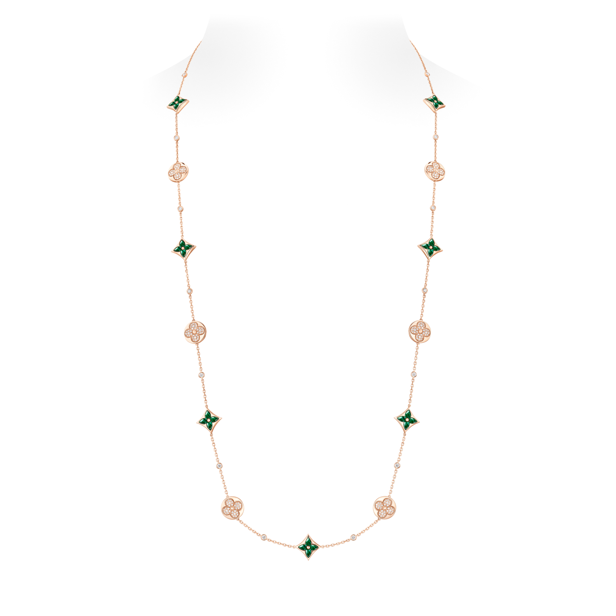  Categories Necklaces and Pendants  Color Blossom BB Star and Sun Multi-Motif Long Necklace, Pink Gold, Malachite and Diamonds | Louis Vuitton ® (Product zoom)