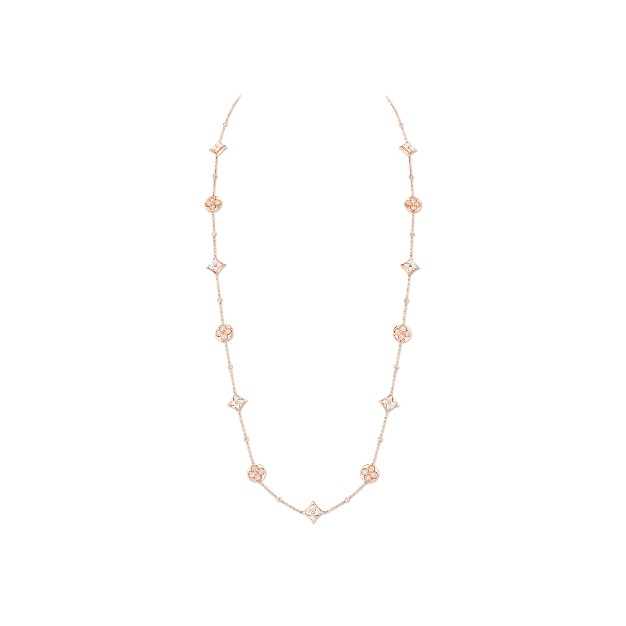  Categories Necklaces and Pendants  Color Blossom BB Star and Sun Multi-Motif Long Necklace, Pink Gold, White Mother-of-Pearl and Diamonds | Louis Vuitton ® (Product zoom)