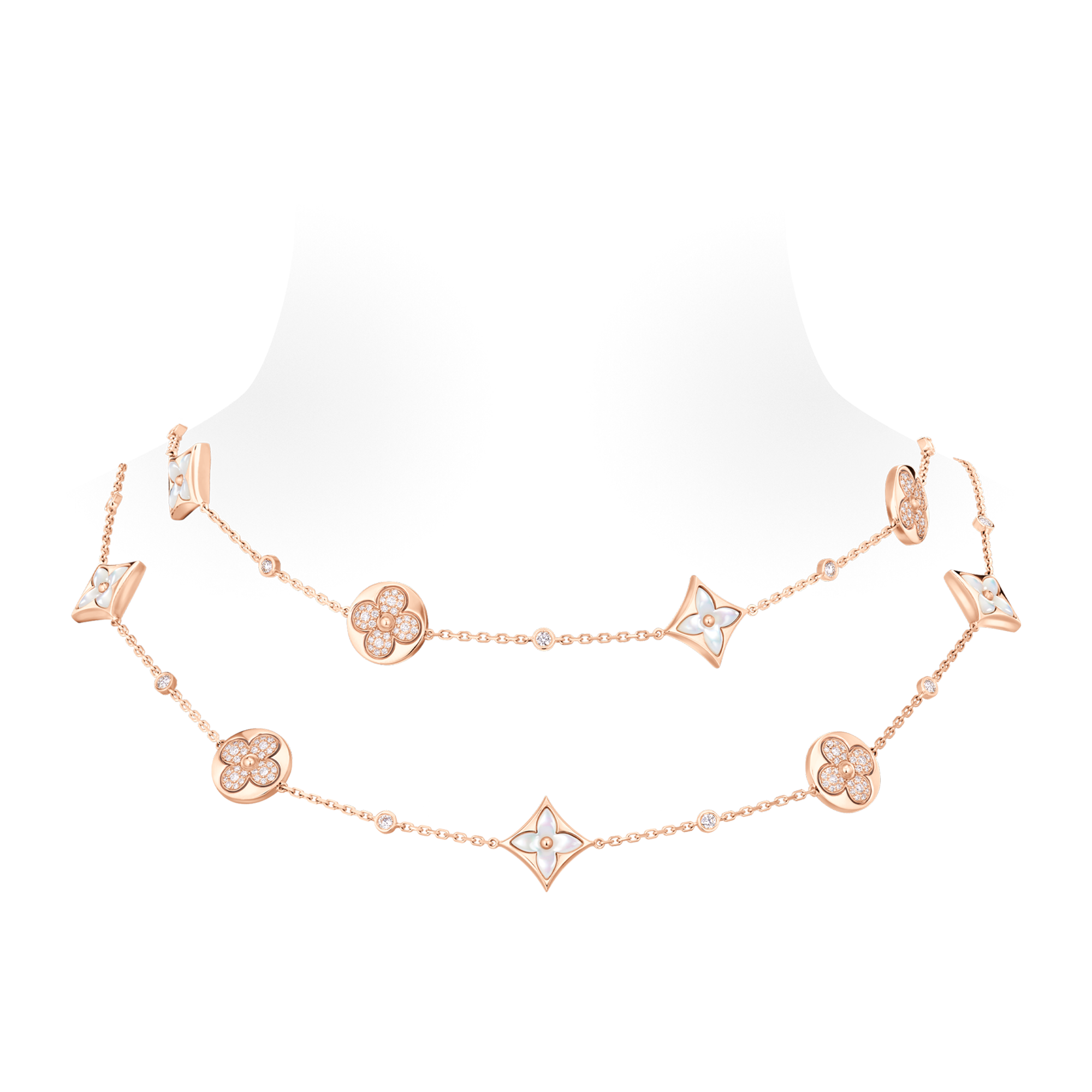  Categories Necklaces and Pendants  Color Blossom BB Star and Sun Multi-Motif Long Necklace, Pink Gold, White Mother-of-Pearl and Diamonds | Louis Vuitton ® (Product zoom)