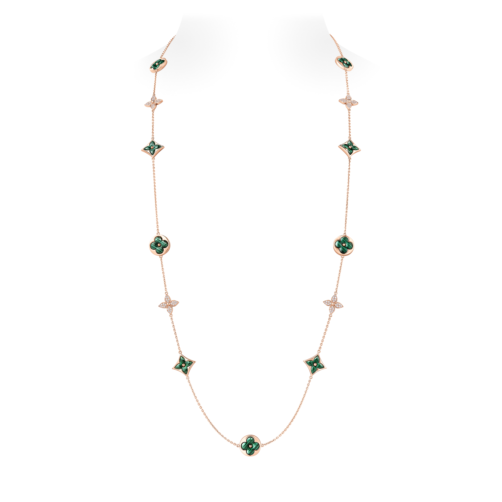 Color Blossom M Star and Sun Multi-Motif Long Necklace, Pink Gold, Malachite and Diamonds