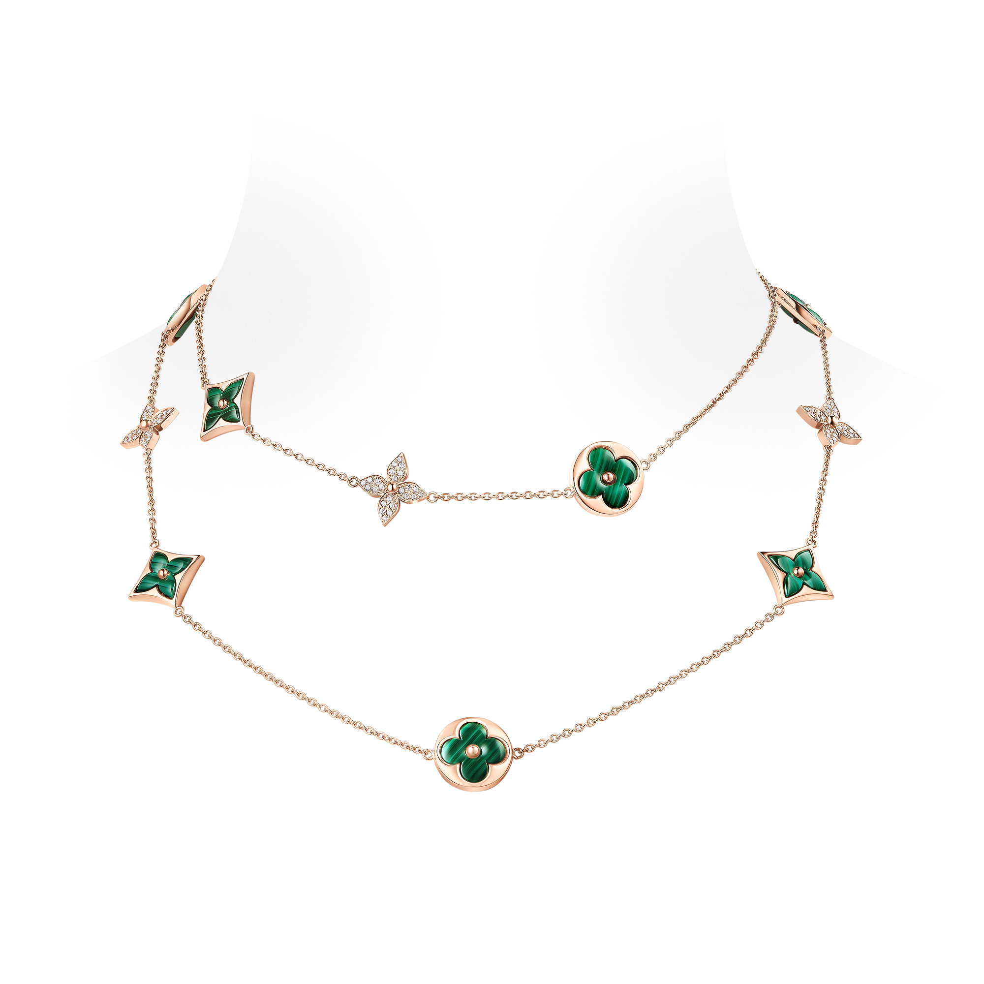 Color Blossom M Star and Sun Multi-Motif Long Necklace, Pink Gold, Malachite and Diamonds
