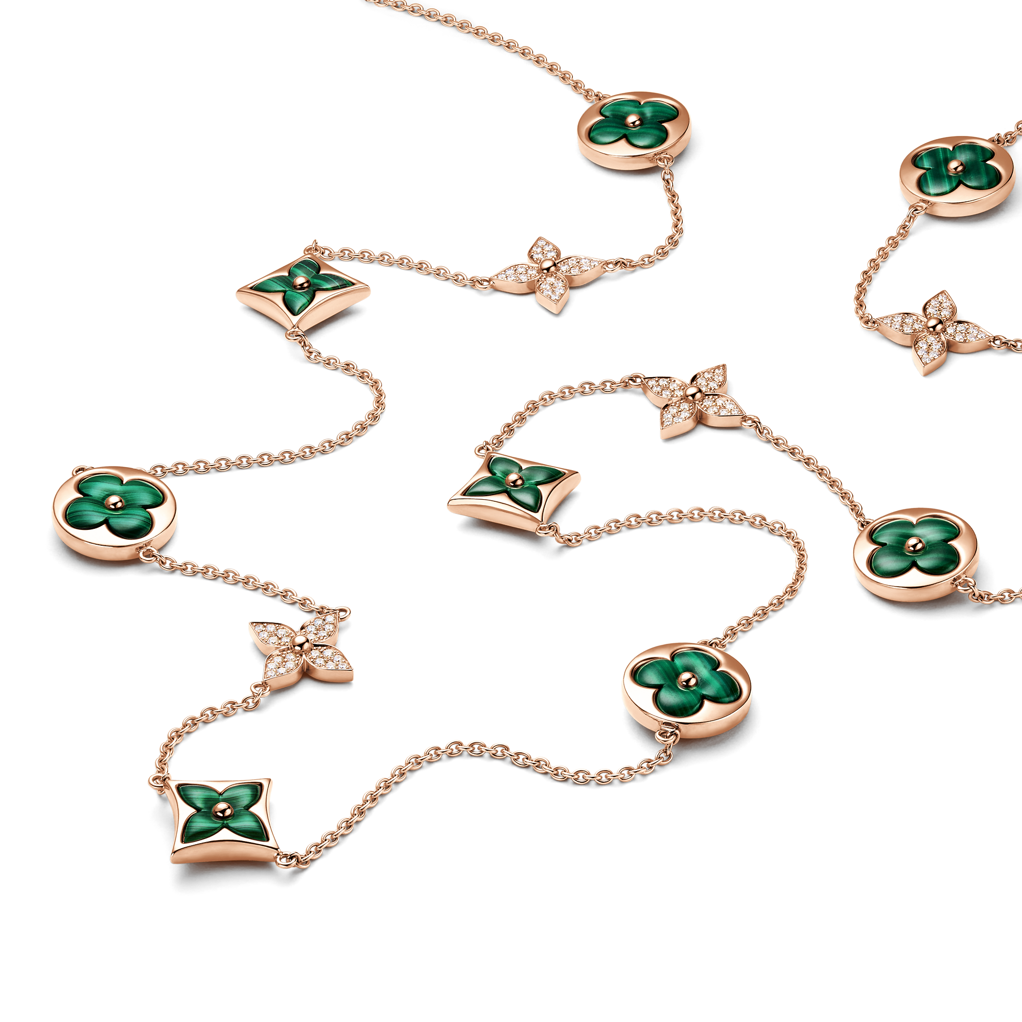 Color Blossom M Star and Sun Multi-Motif Long Necklace, Pink Gold, Malachite and Diamonds