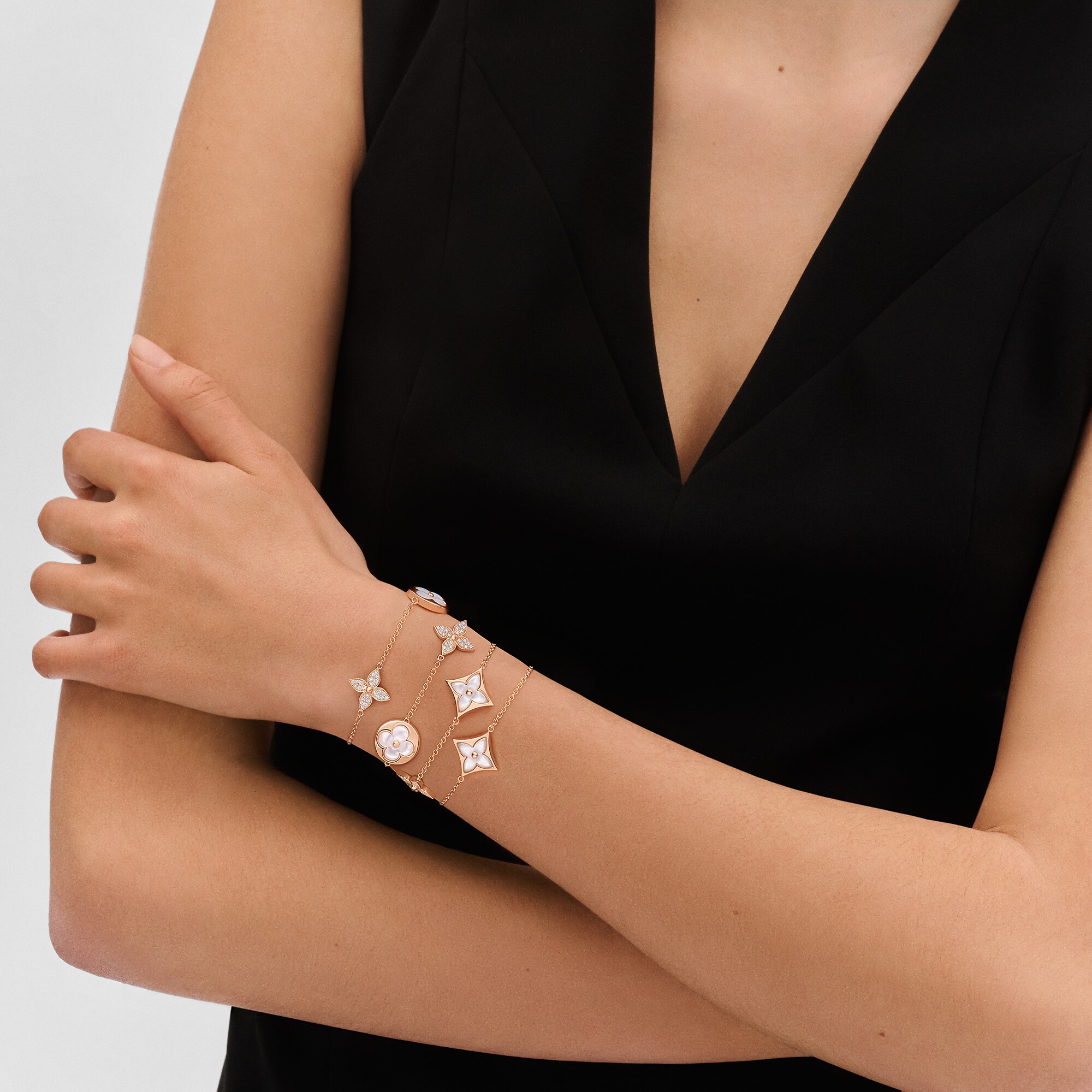 Color Blossom M Star and Sun Multi-Motif Long Necklace, Pink Gold, White Mother-of-Pearl and Diamonds