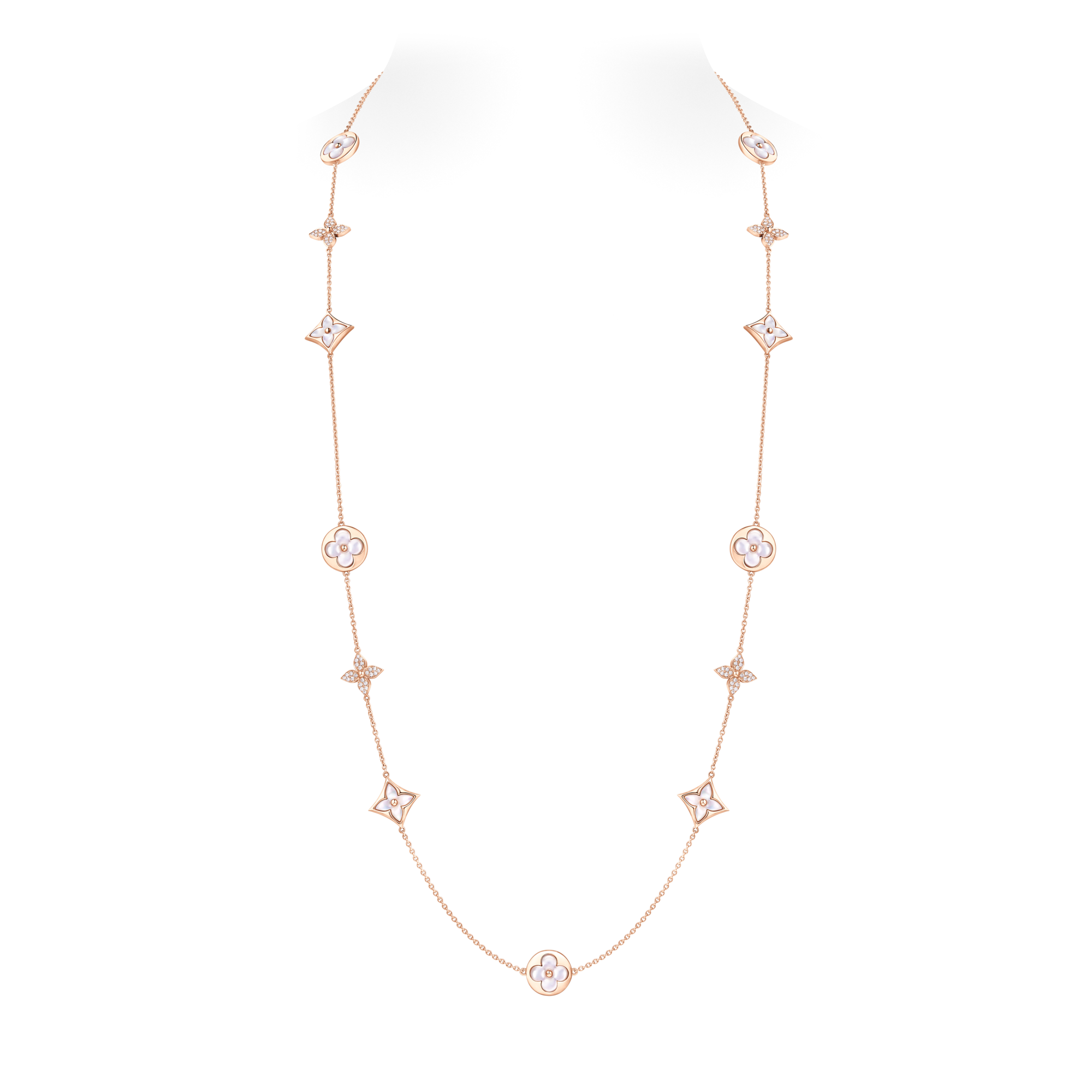  Categories Necklaces and Pendants  Color Blossom M Star and Sun Multi-Motif Long Necklace, Pink Gold, White Mother-of-Pearl and Diamonds | Louis Vuitton ® (Product zoom)