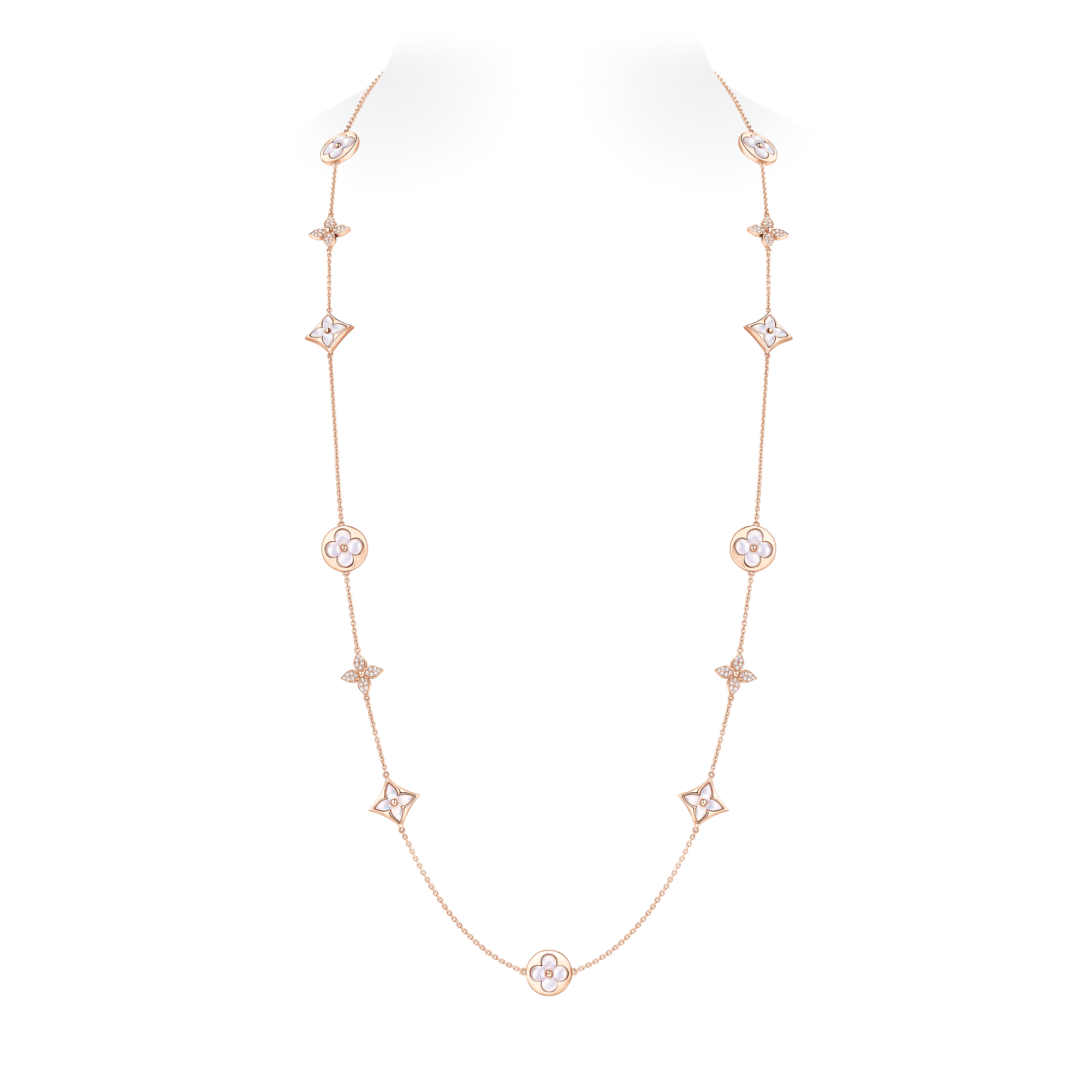 Color Blossom M Star and Sun Multi-Motif Long Necklace, Pink Gold, White Mother-of-Pearl and Diamonds