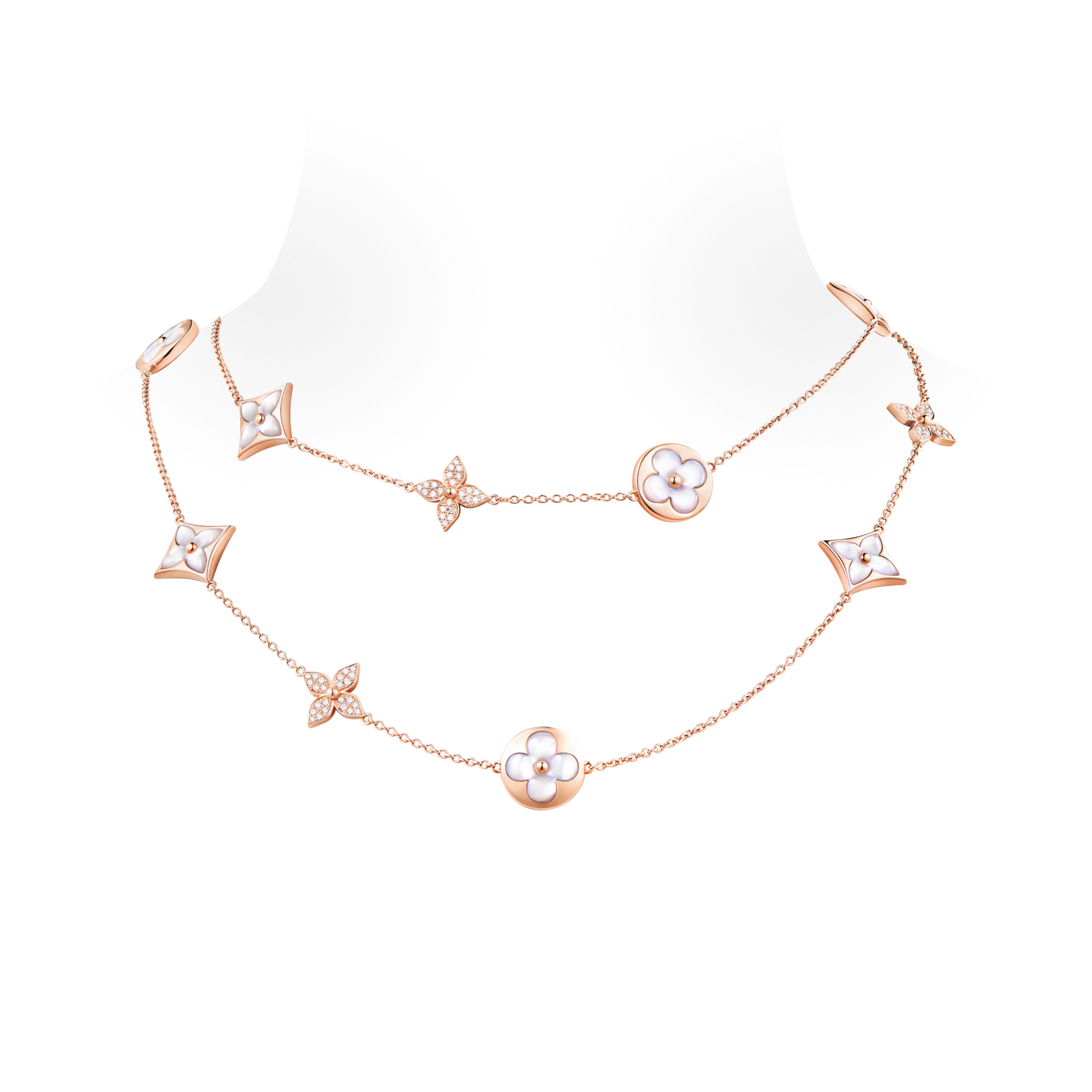  Categories Necklaces and Pendants  Color Blossom M Star and Sun Multi-Motif Long Necklace, Pink Gold, White Mother-of-Pearl and Diamonds | Louis Vuitton ® (Product zoom)