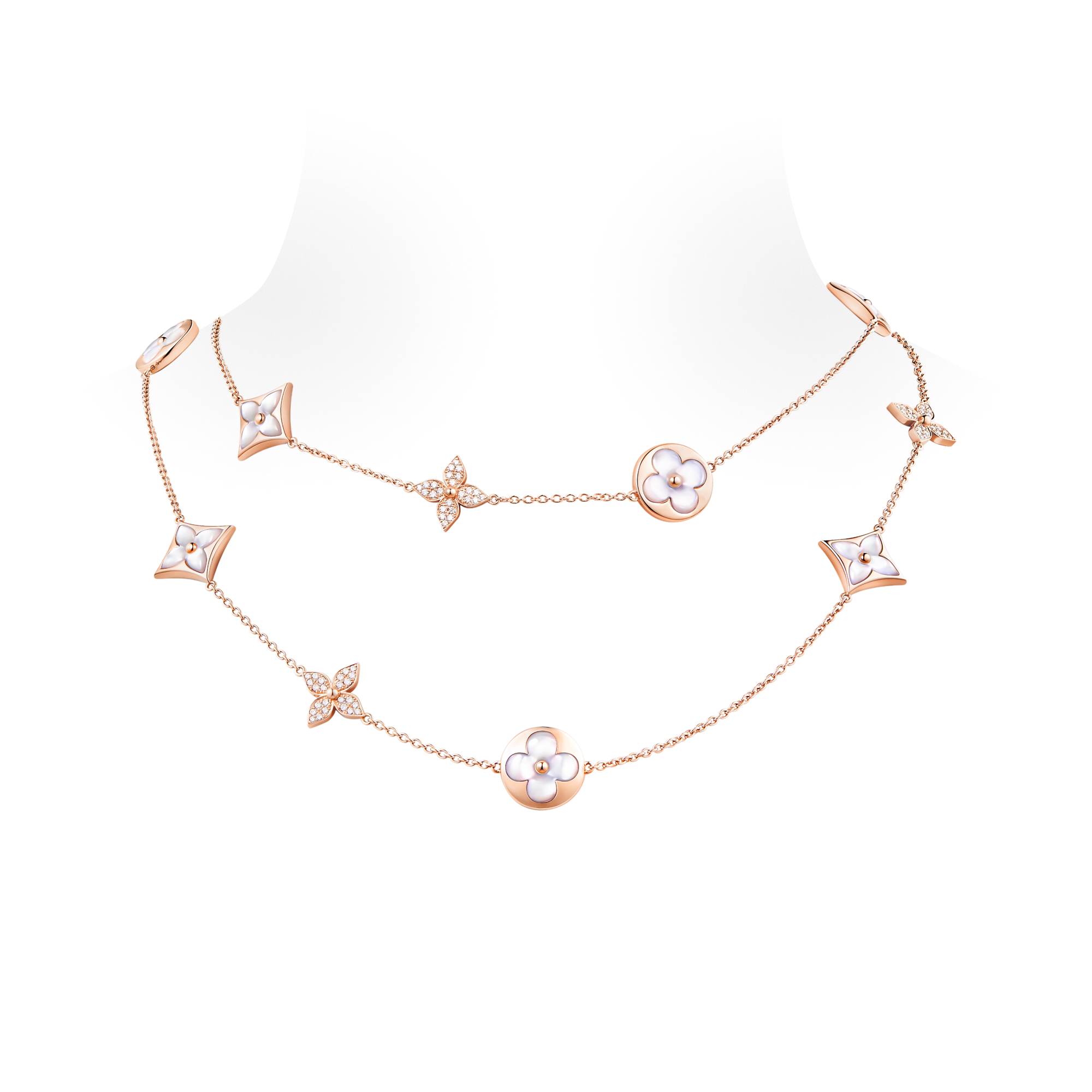 Color Blossom M Star and Sun Multi-Motif Long Necklace, Pink Gold, White Mother-of-Pearl and Diamonds