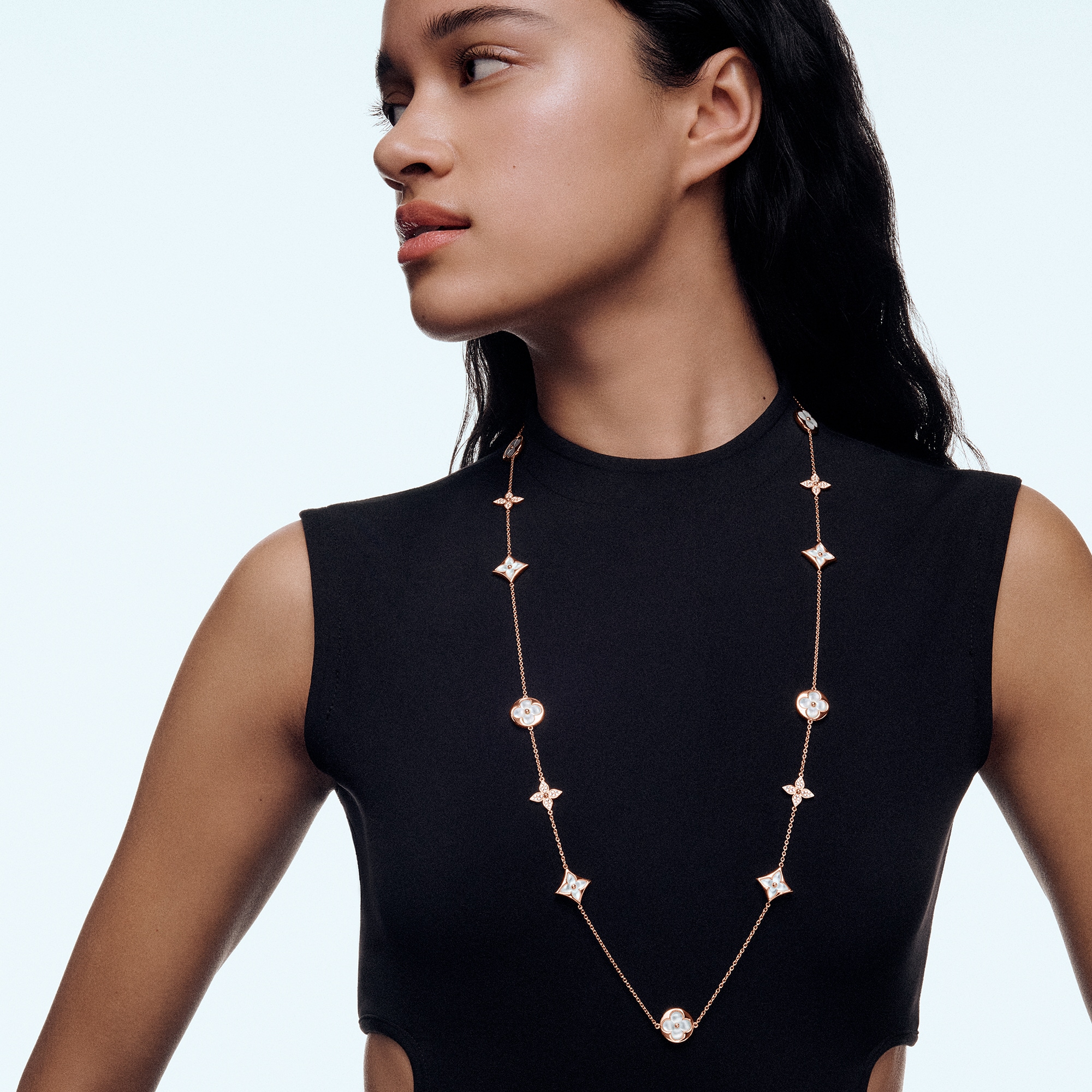  Categories Necklaces and Pendants  Color Blossom M Star and Sun Multi-Motif Long Necklace, Pink Gold, White Mother-of-Pearl and Diamonds | Louis Vuitton ® (Product zoom)