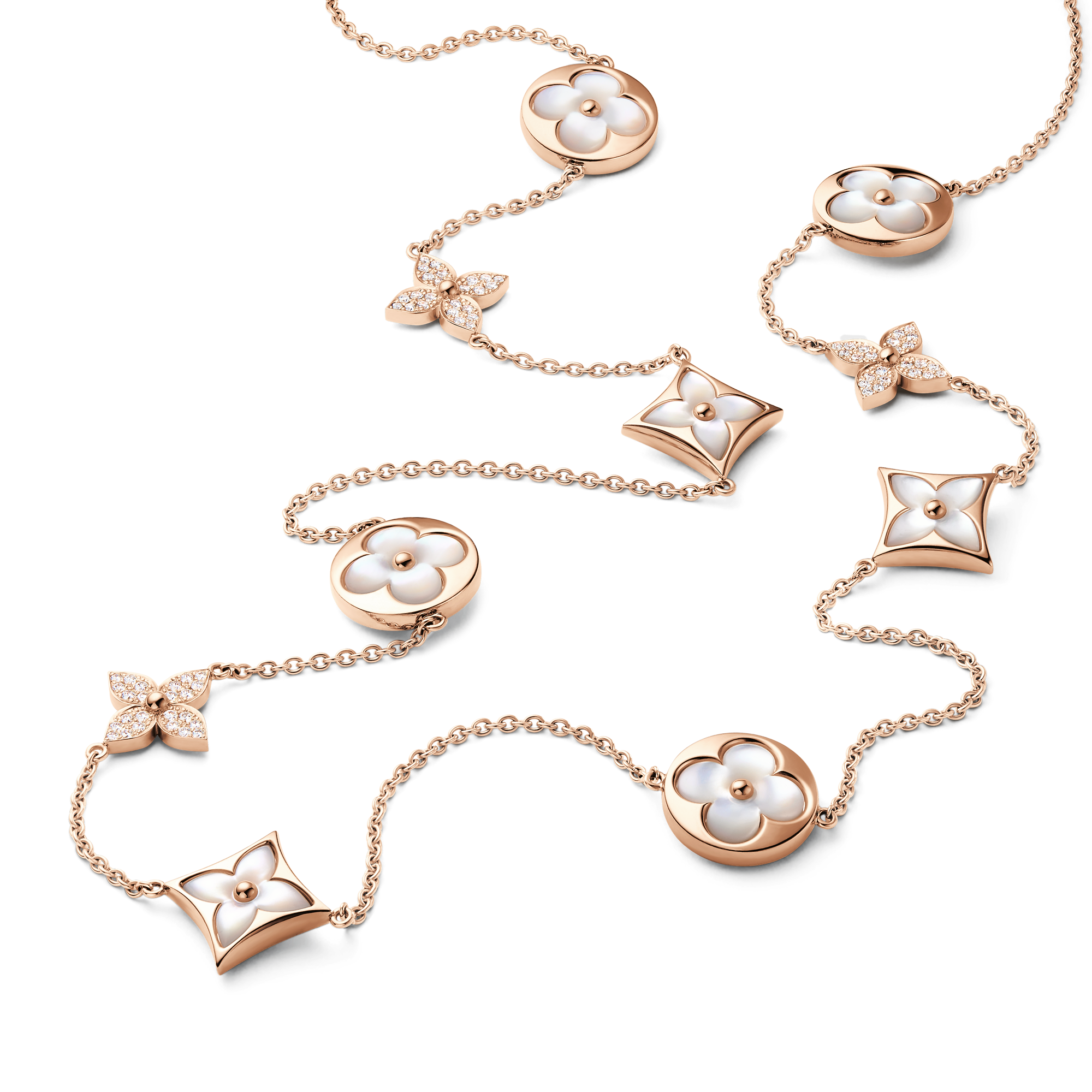Color Blossom M Star and Sun Multi-Motif Long Necklace, Pink Gold, White Mother-of-Pearl and Diamonds