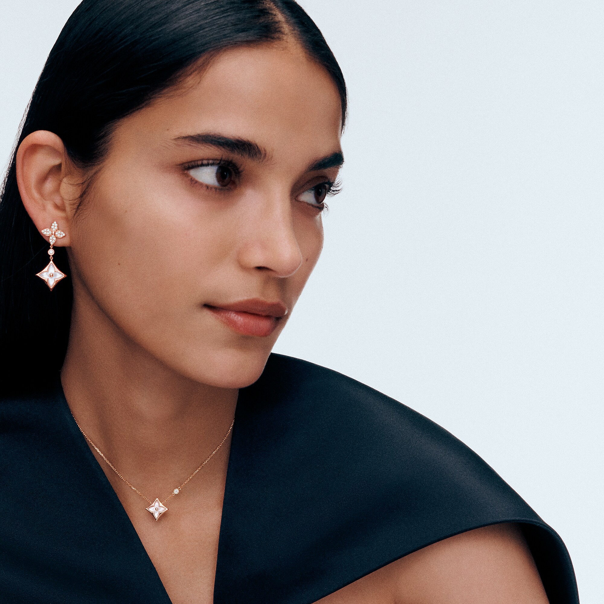 Color Blossom M Star Multi-Motif Earrings, Pink Gold, White Mother-of-Pearl and Diamonds