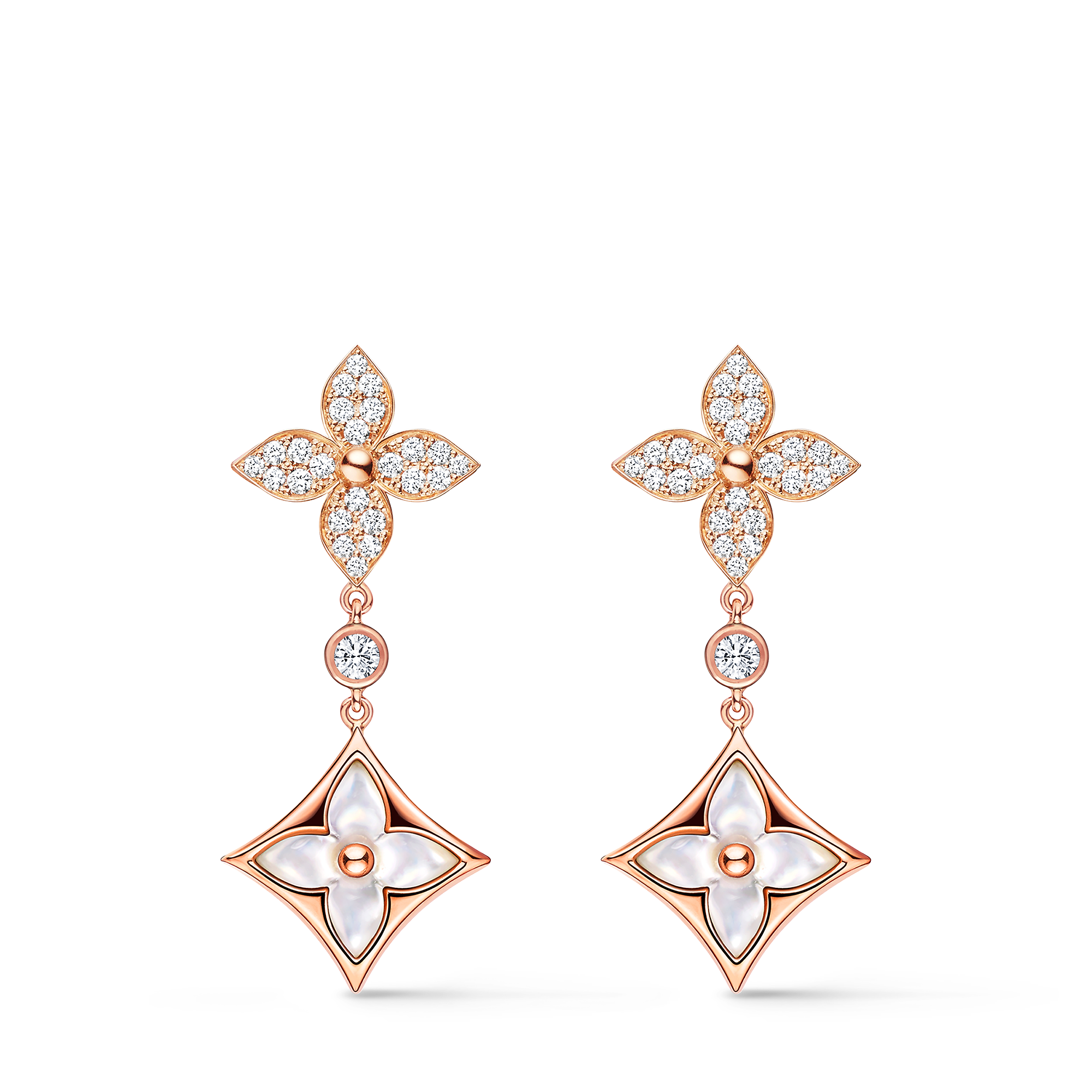Color Blossom M Star Multi-Motif Earrings, Pink Gold, White Mother-of-Pearl and Diamonds