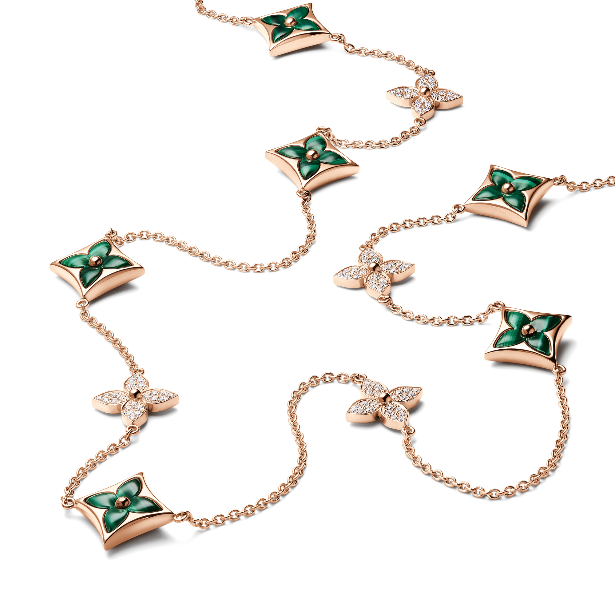 Color Blossom M Star Multi-Motif Long Necklace, Pink Gold, Malachite and Diamonds