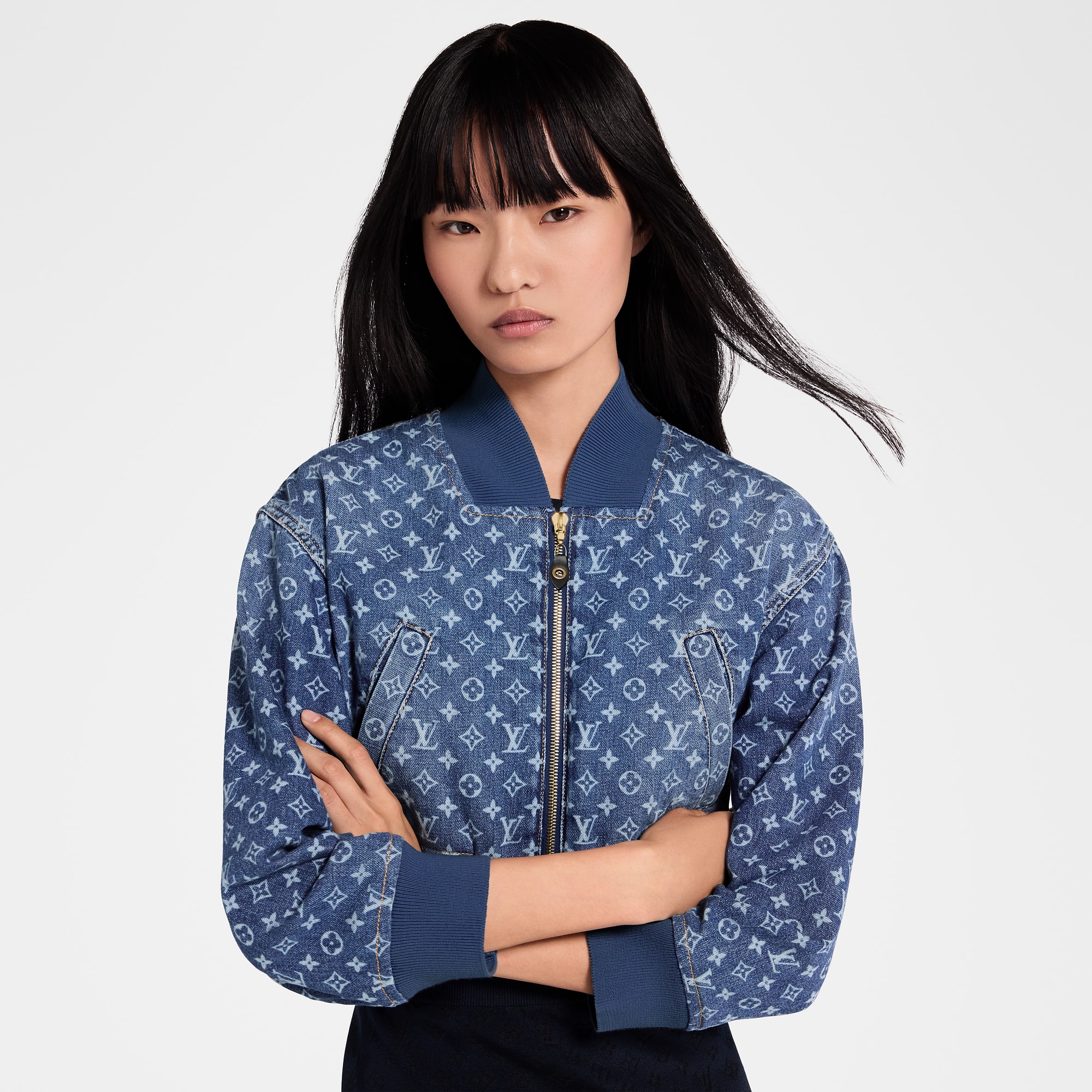 Cropped Monogram Denim Bomber Jacket