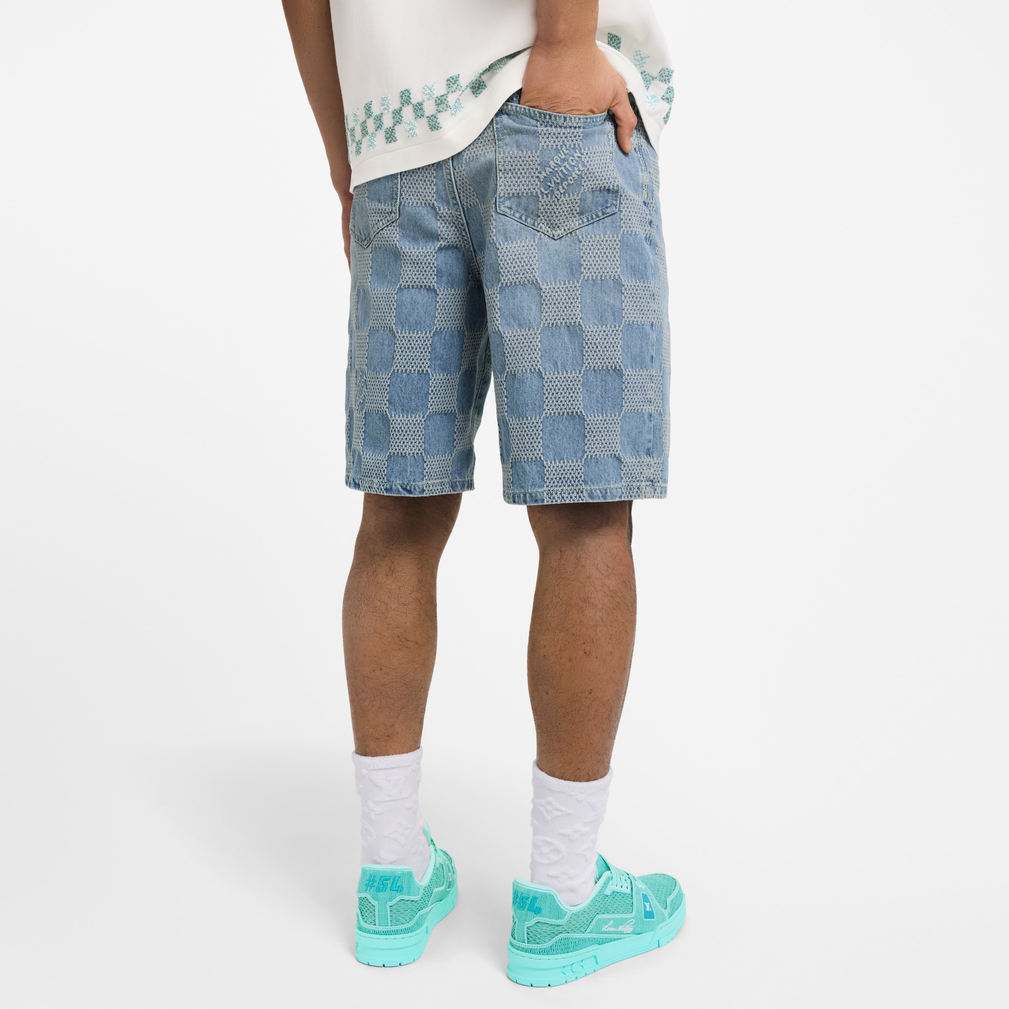  Ready-to-Wear Denim Damier 3D Light Denim Shorts | Louis Vuitton ® (Product zoom)