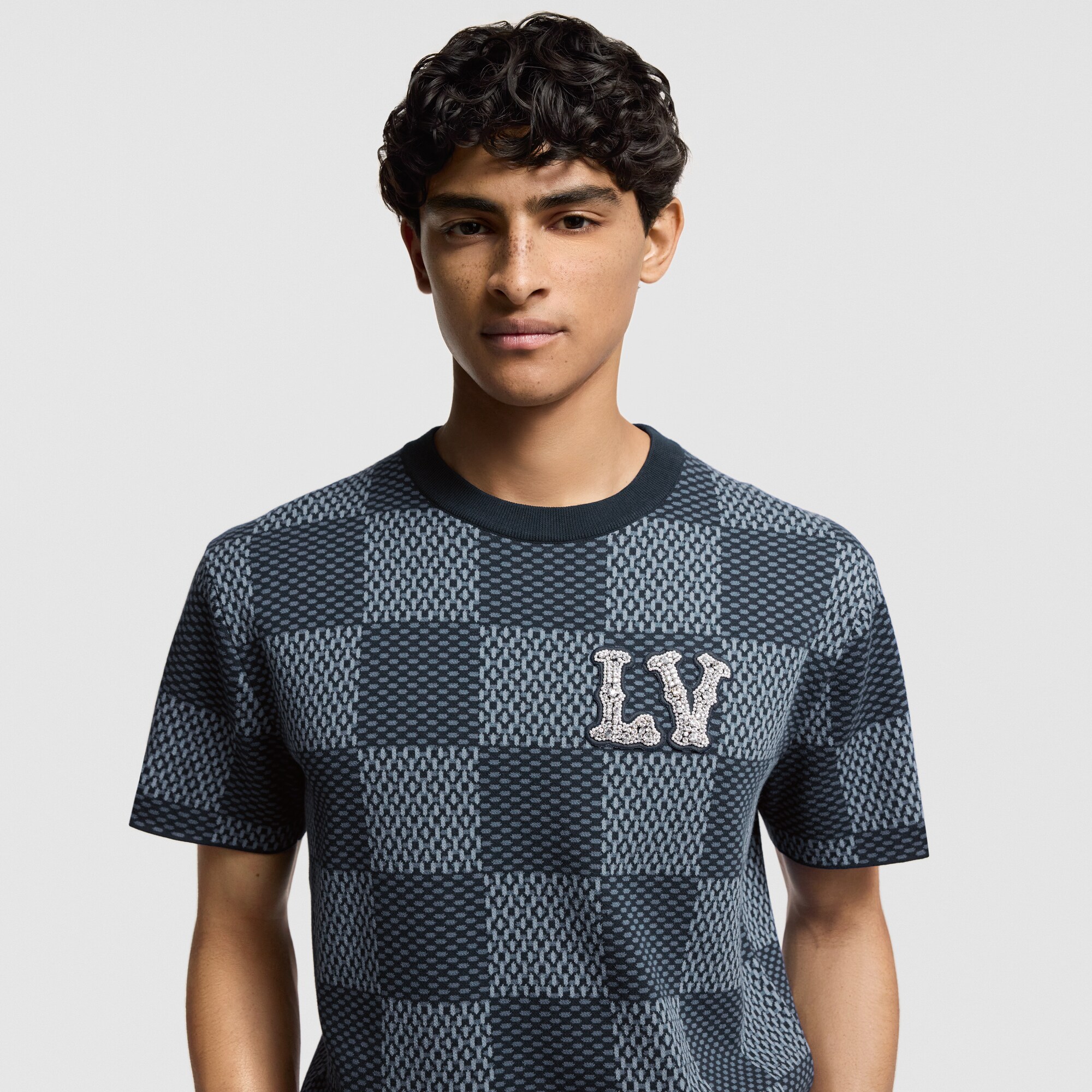 Damier Short-Sleeved Crewneck With LV Crystal Patch - Women 