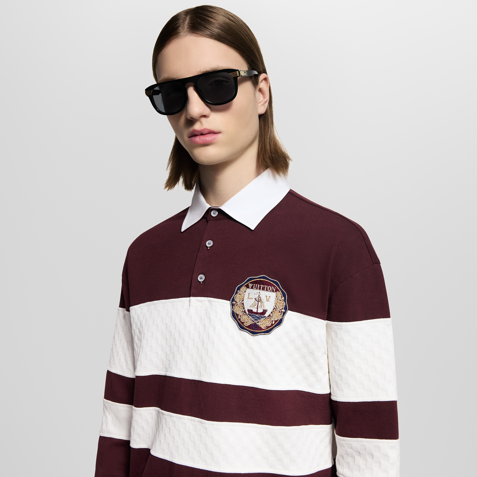 Damier Striped Long-Sleeved Polo Shirt