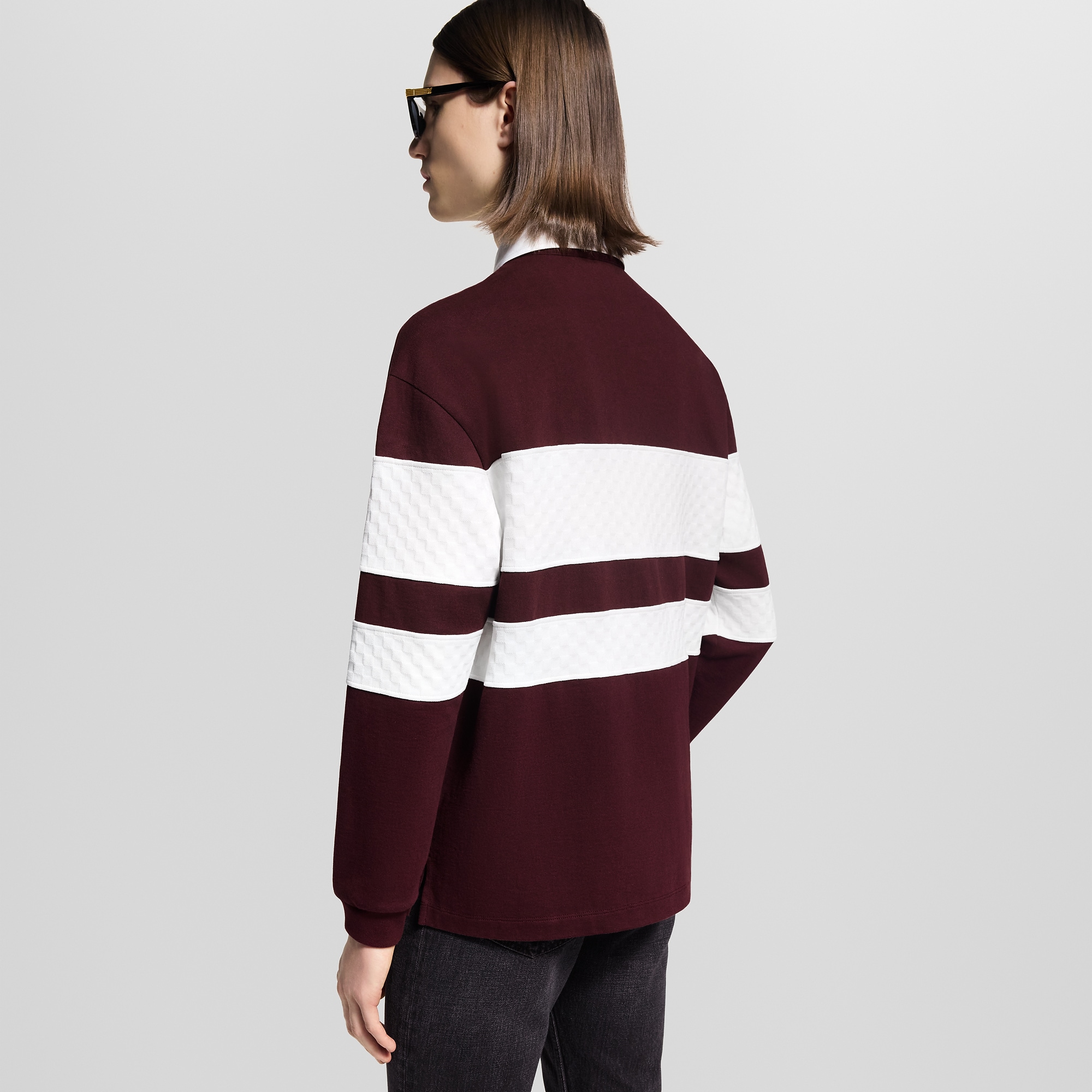 Damier Striped Long-Sleeved Polo Shirt