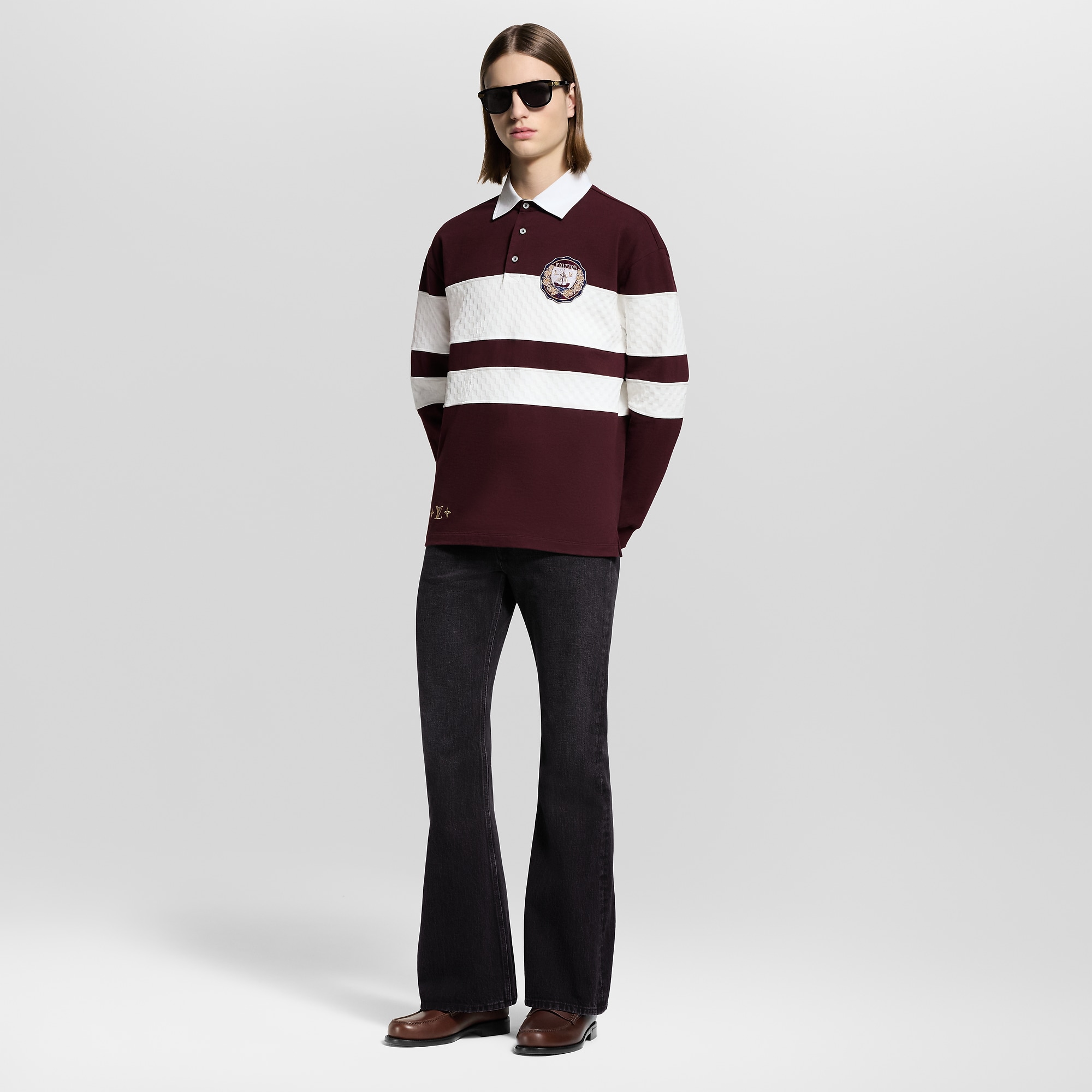 Damier Striped Long-Sleeved Polo Shirt