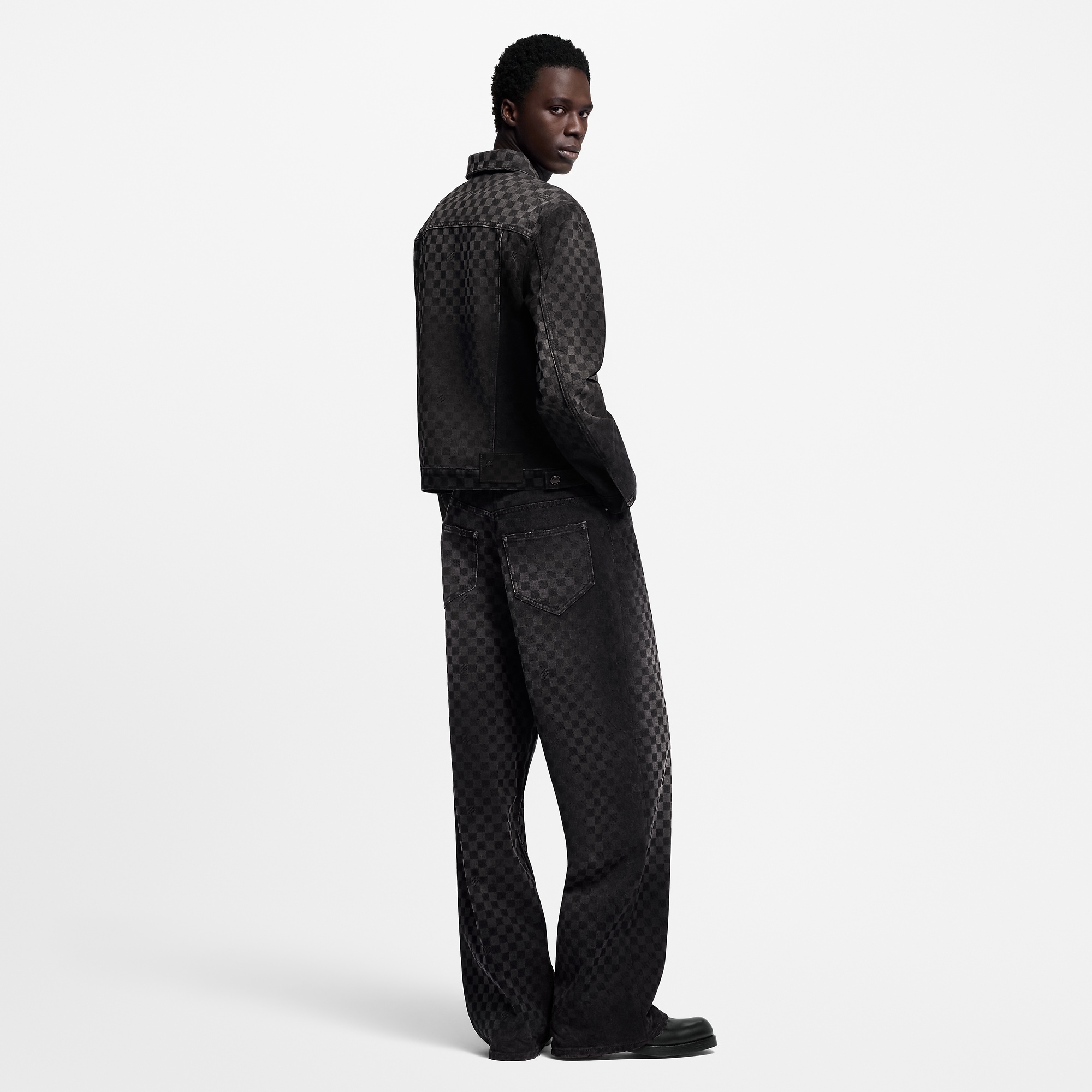Flocked Damier Denim Wide-Leg Pants
