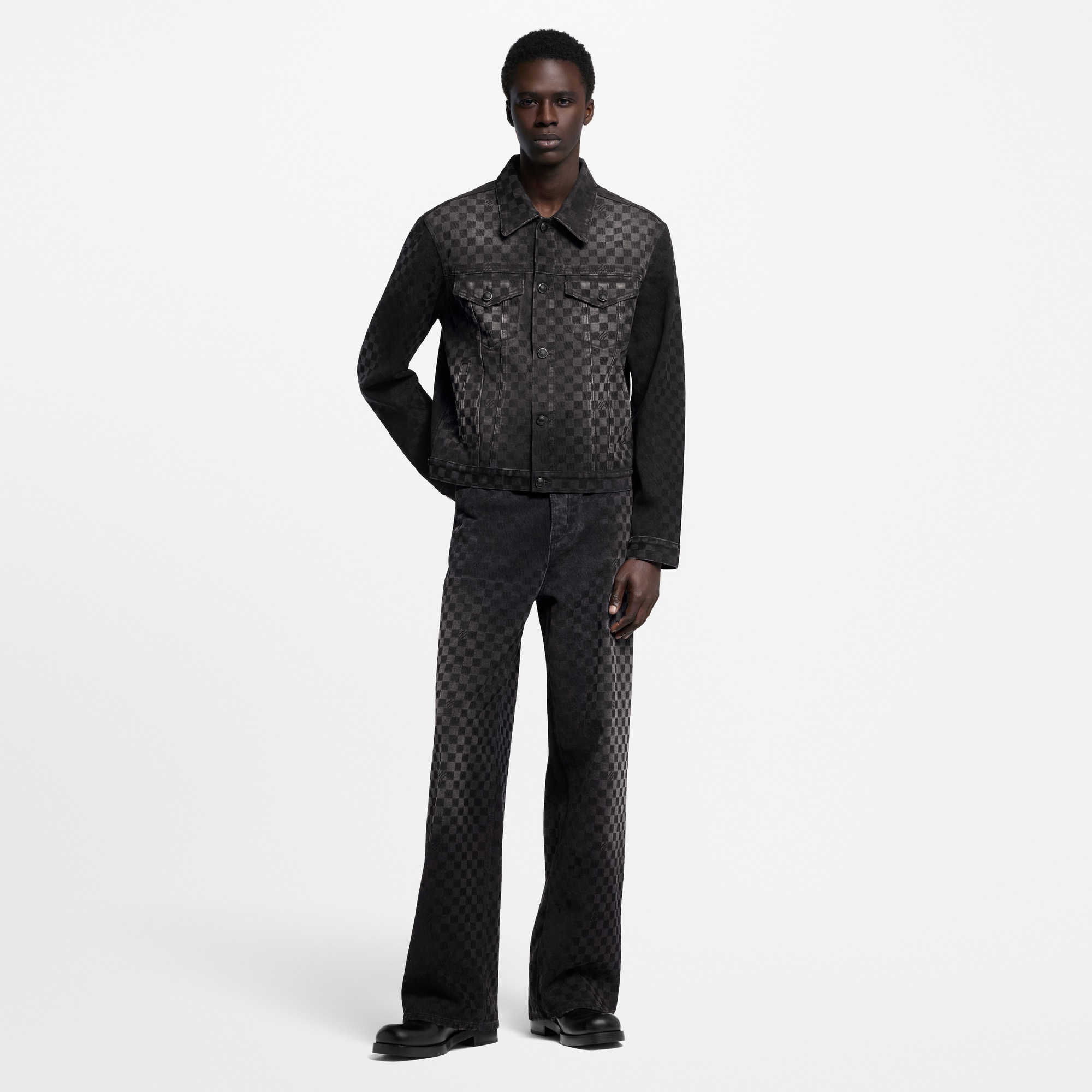  Ready-to-Wear Denim Flocked Damier Denim Wide-Leg Pants | Louis Vuitton ® (Product zoom)