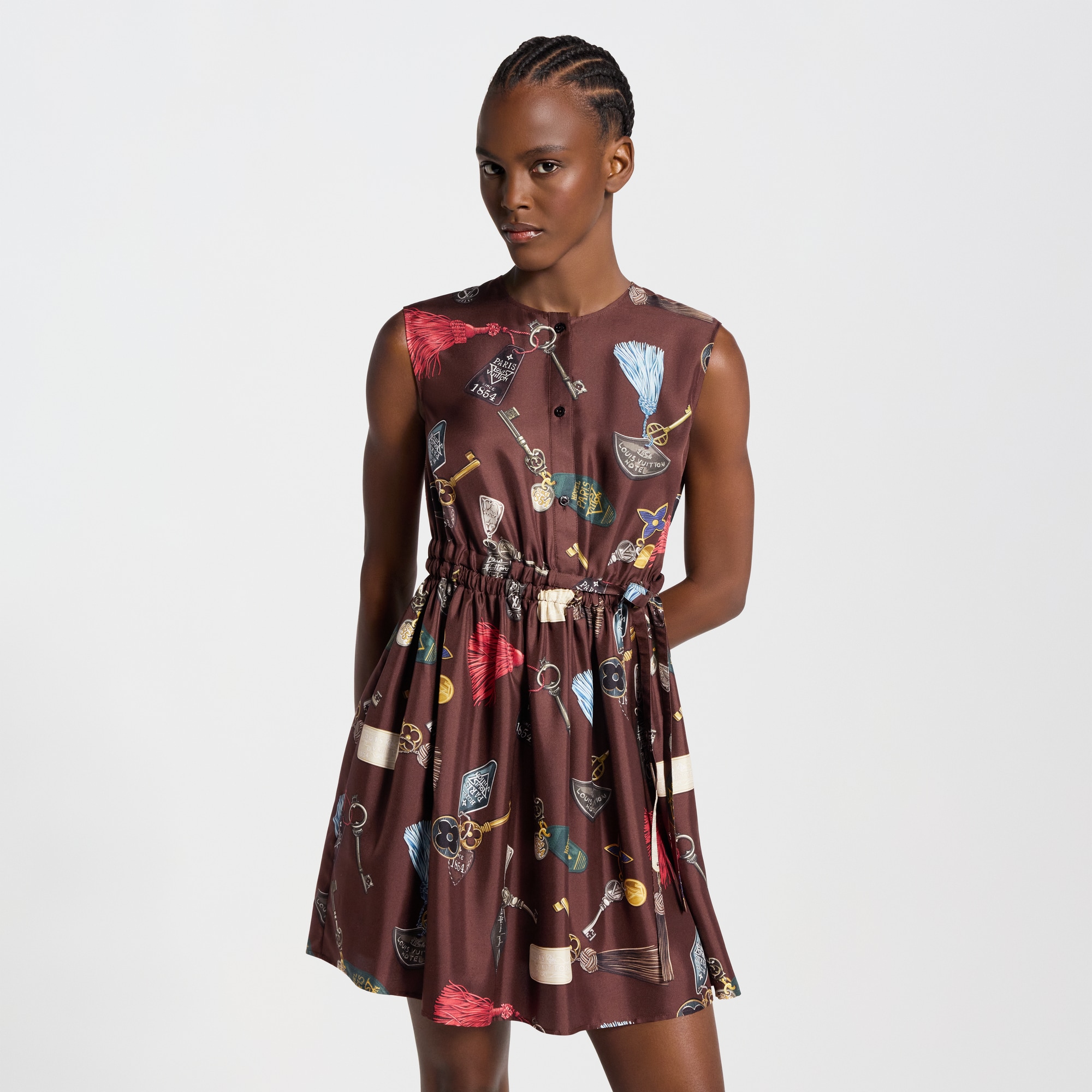 LOUIS VUITTON Getaway Print Drawstring Dress Chocolate-brown. Size 38