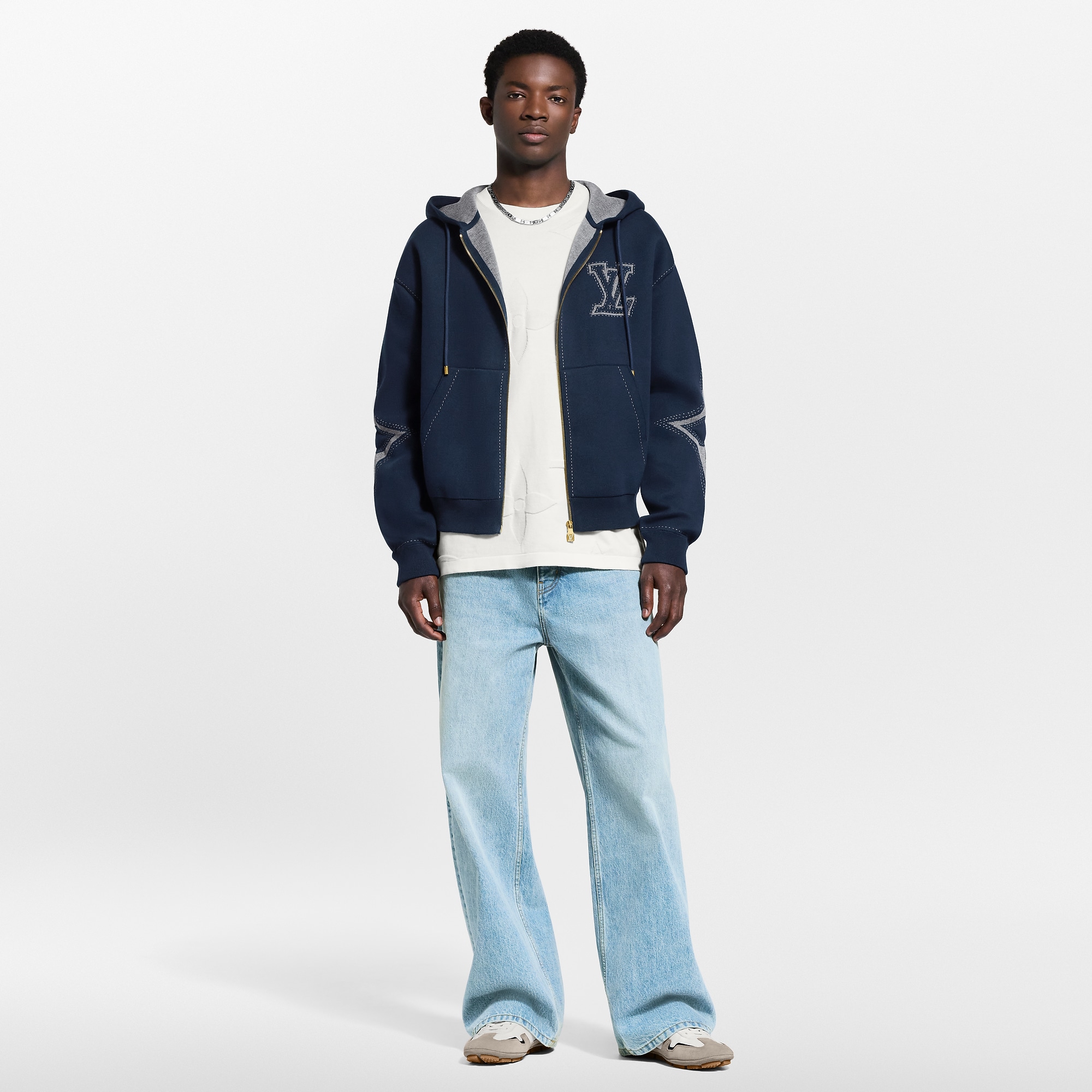 Graphic Intarsia Zipped Cotton Hoodie