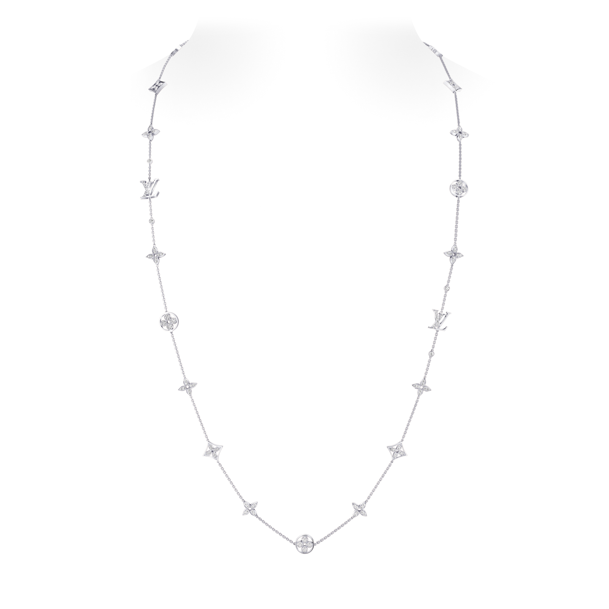  Categories Necklaces and Pendants  Idylle Blossom Multi-Motif Long Necklace, White Gold and Diamonds | Louis Vuitton ® (Product zoom)