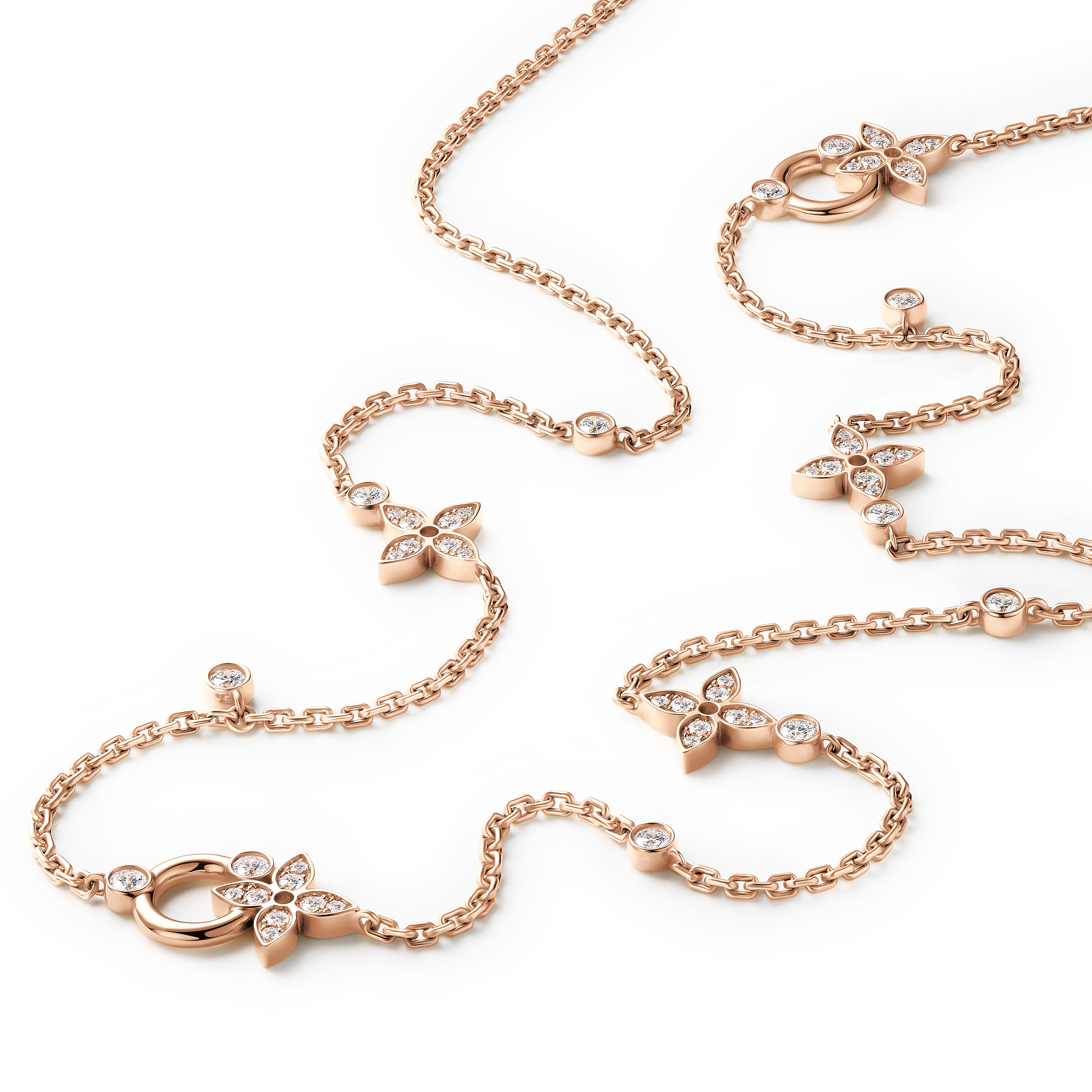 Idylle Blossom Multi-Pattern Long Necklace, Pink Gold and Diamonds