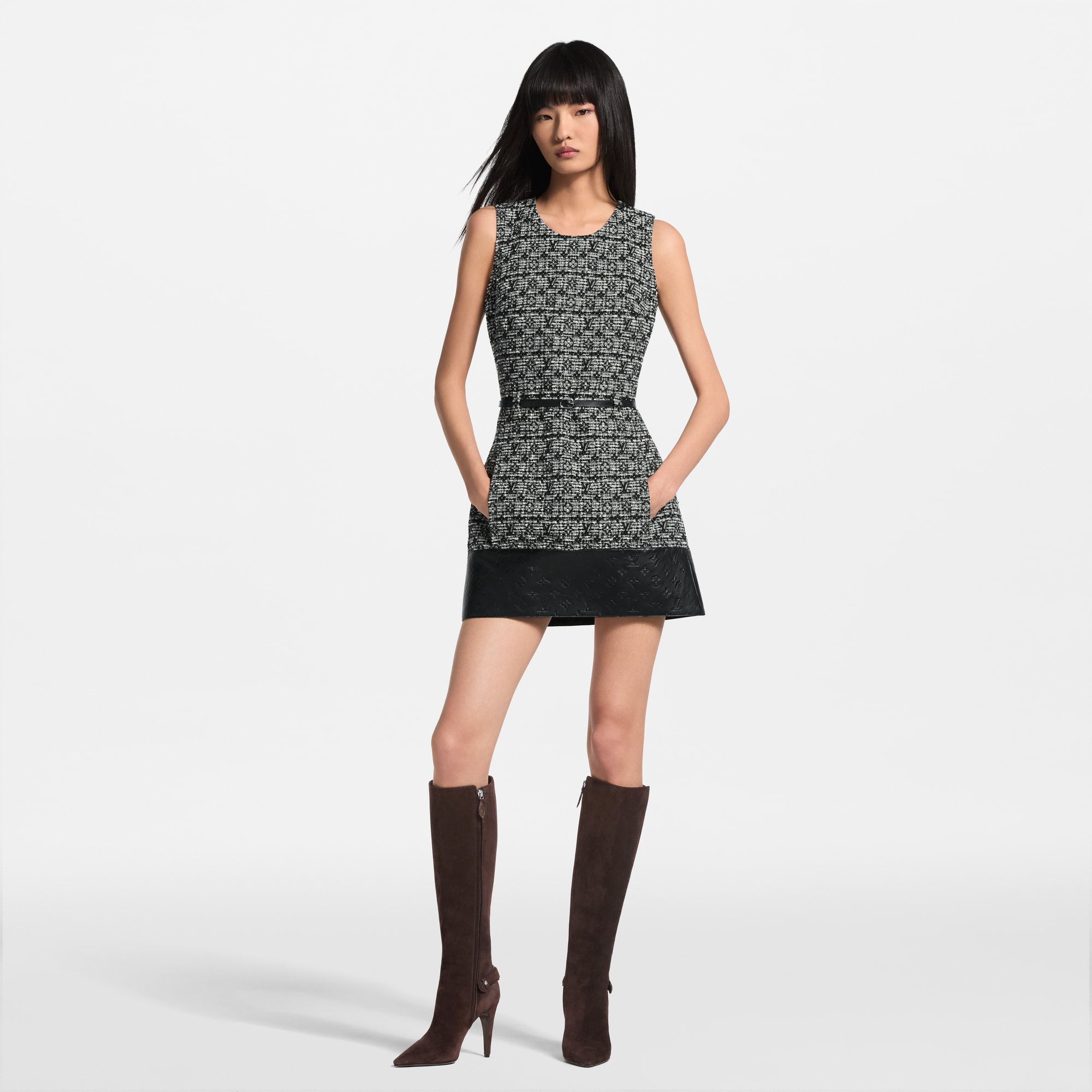 Leather Accent Tweed Dress - Women - Ready-to-Wear