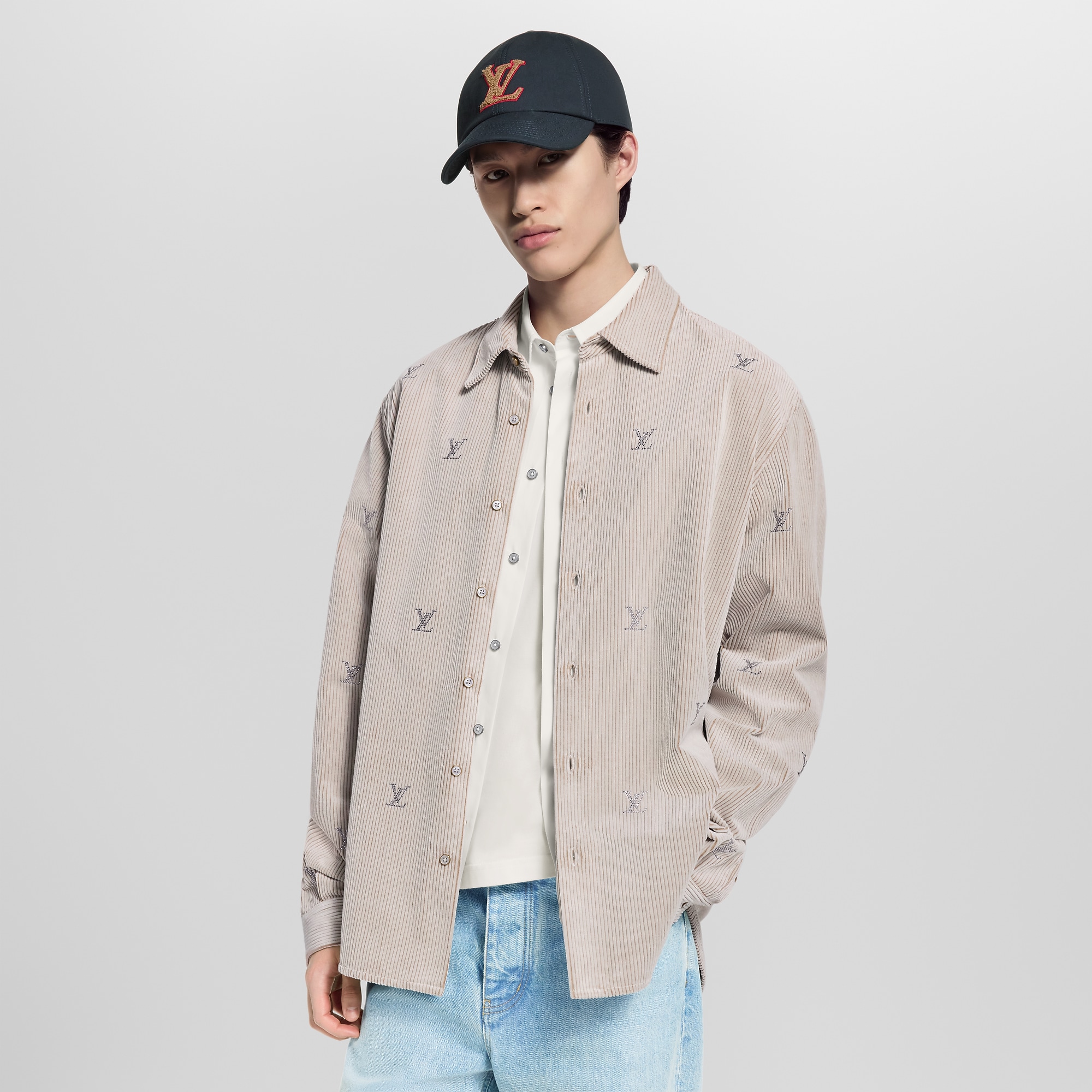 LV Blason Embellished Long-Sleeved Corduroy Shirt