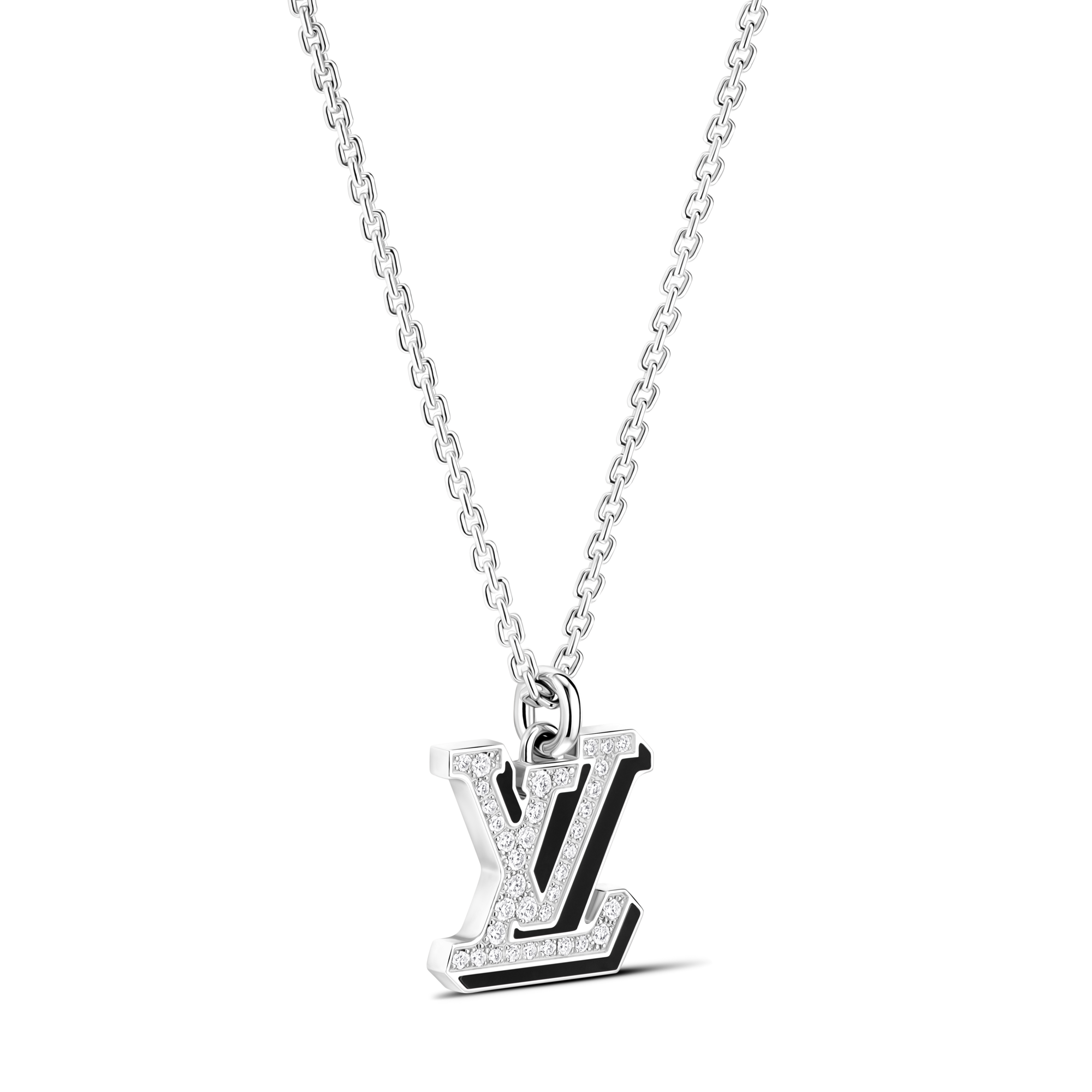  Categories Necklaces and Pendants  LV Medium Pendant, White Gold, Diamonds and Black Lacquer | Louis Vuitton ® (Product zoom)