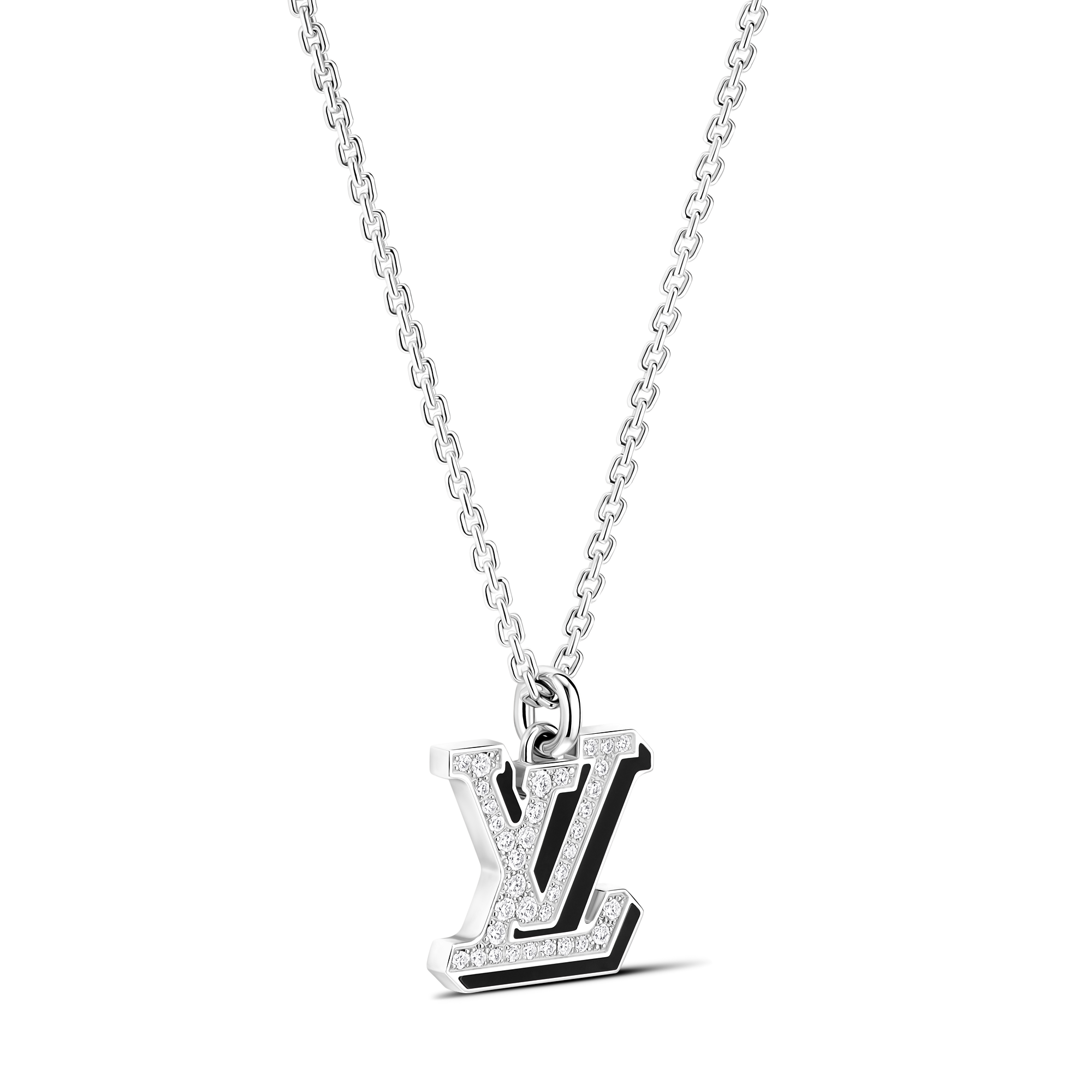 LV Medium Pendant, White Gold, Diamonds and Black Lacquer