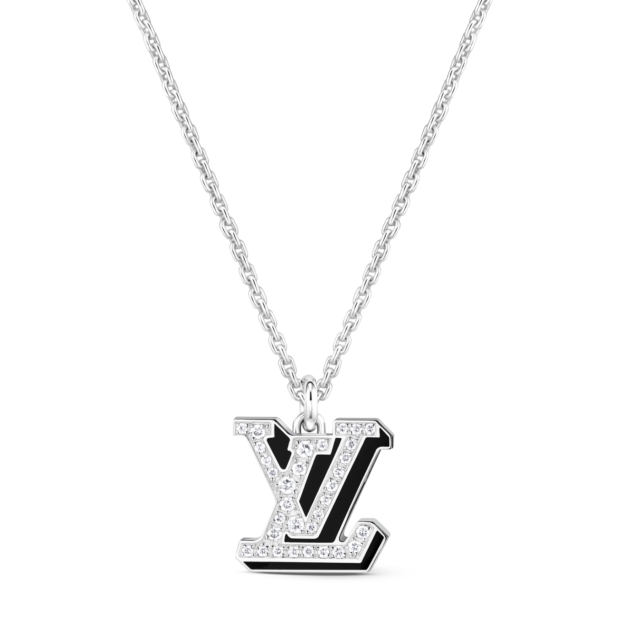  Categories Necklaces and Pendants  LV Medium Pendant, White Gold, Diamonds and Black Lacquer | Louis Vuitton ® (Product zoom)