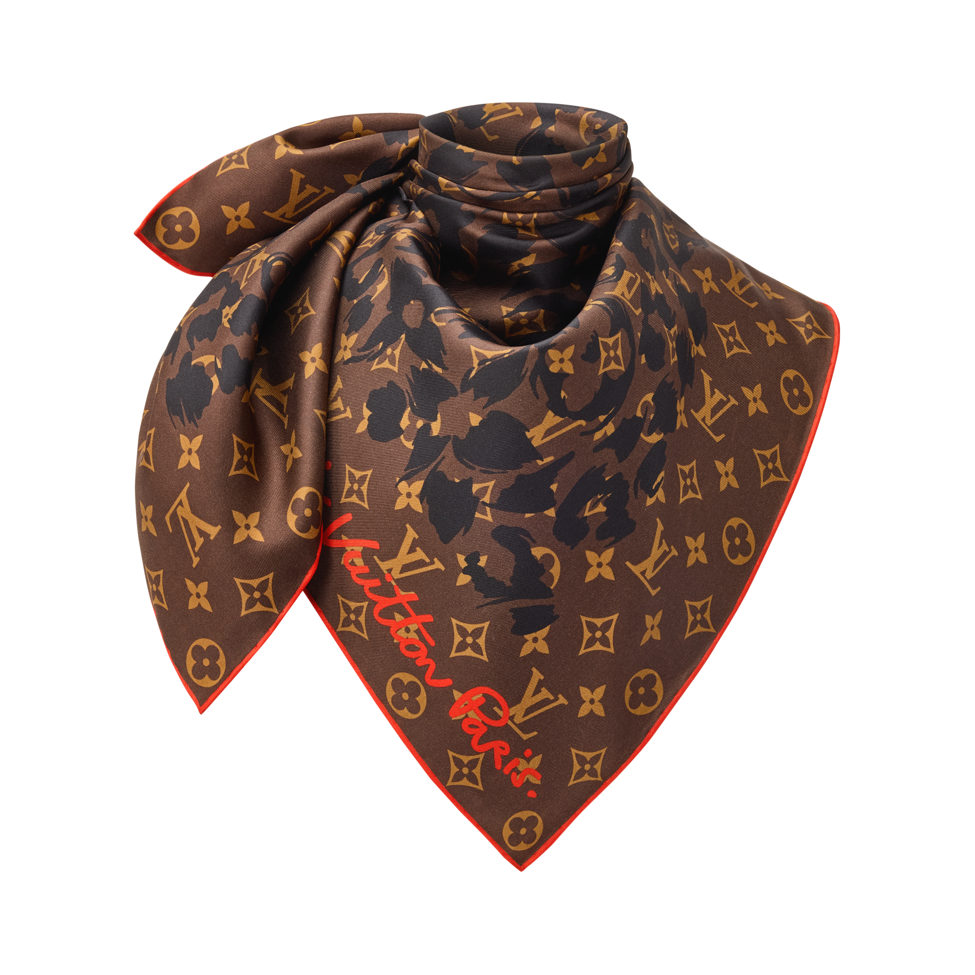Louis Vuitton Brown and Red Patterned Silk Accessory Châle monogram shine silk scarf Louis Vuitton Burgundy in  main image 4