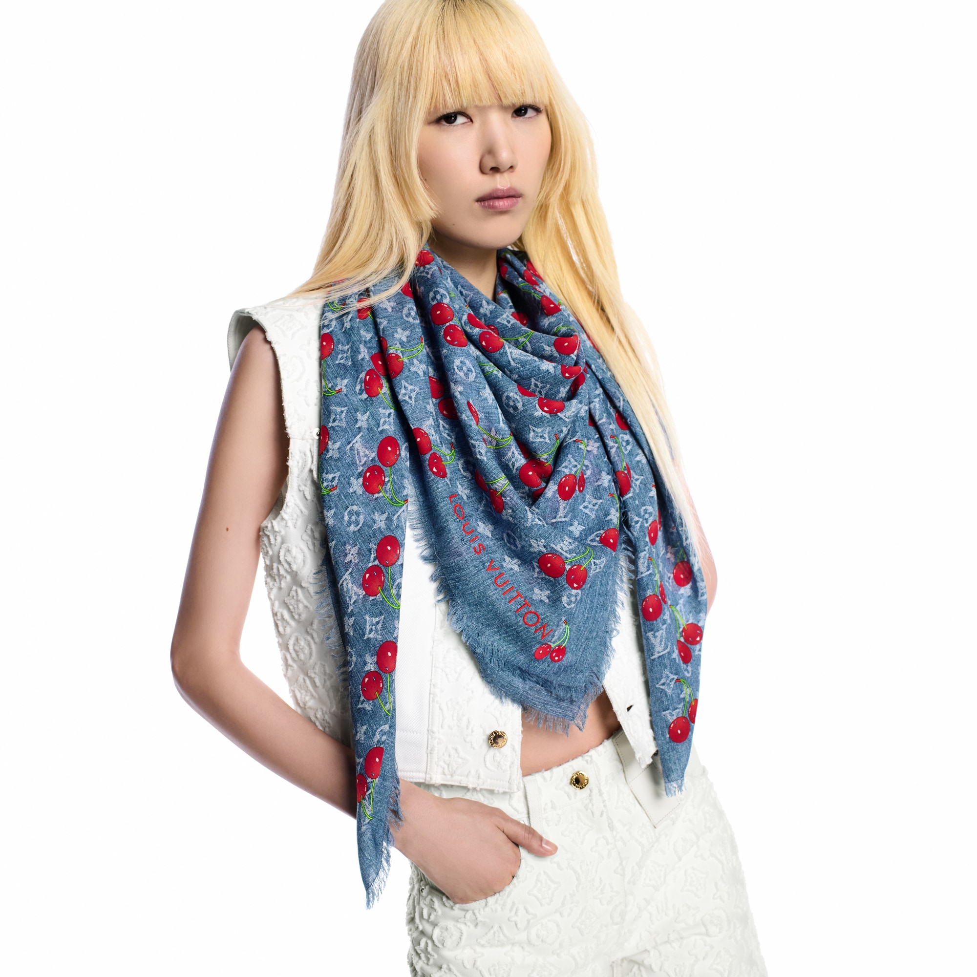 S00 Accessories Shawls and Stoles LV x TM Denim Cerise Shawl | Louis Vuitton ® (Product zoom)