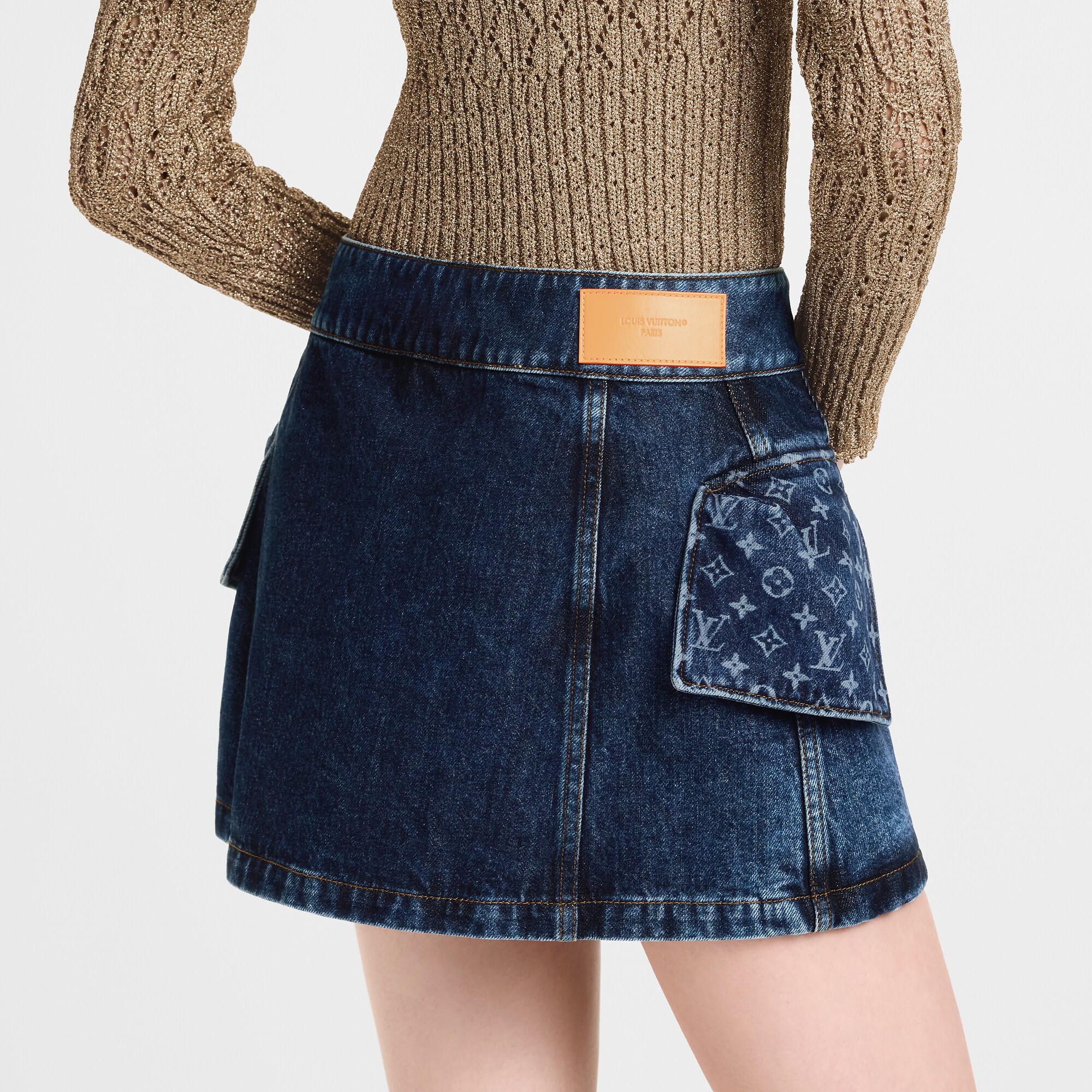 Monogram Accent Raw Denim Mini Skirt