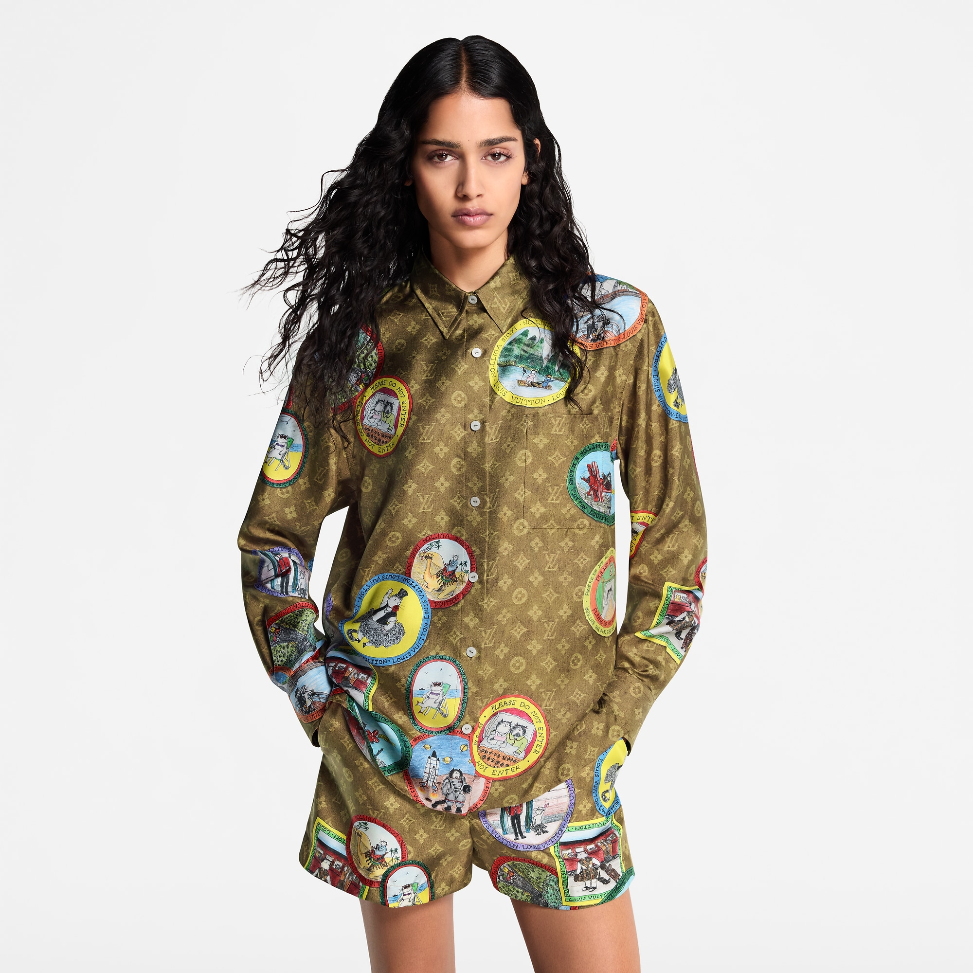 Monogram Cat Stamp Silk Shirt
