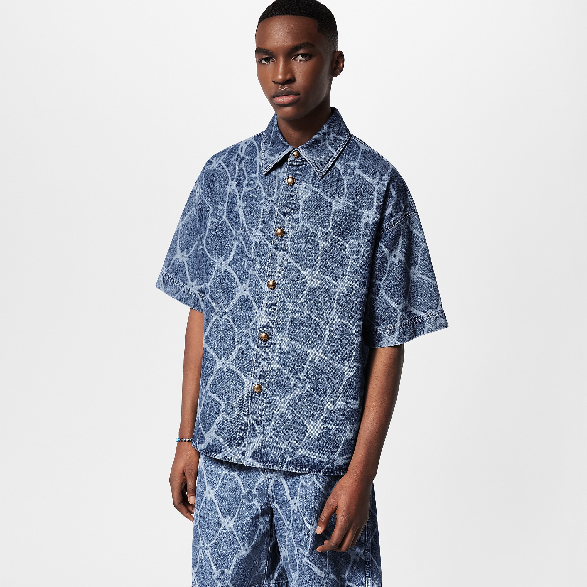 Monogram Printed Short-Sleeved Denim Shirt