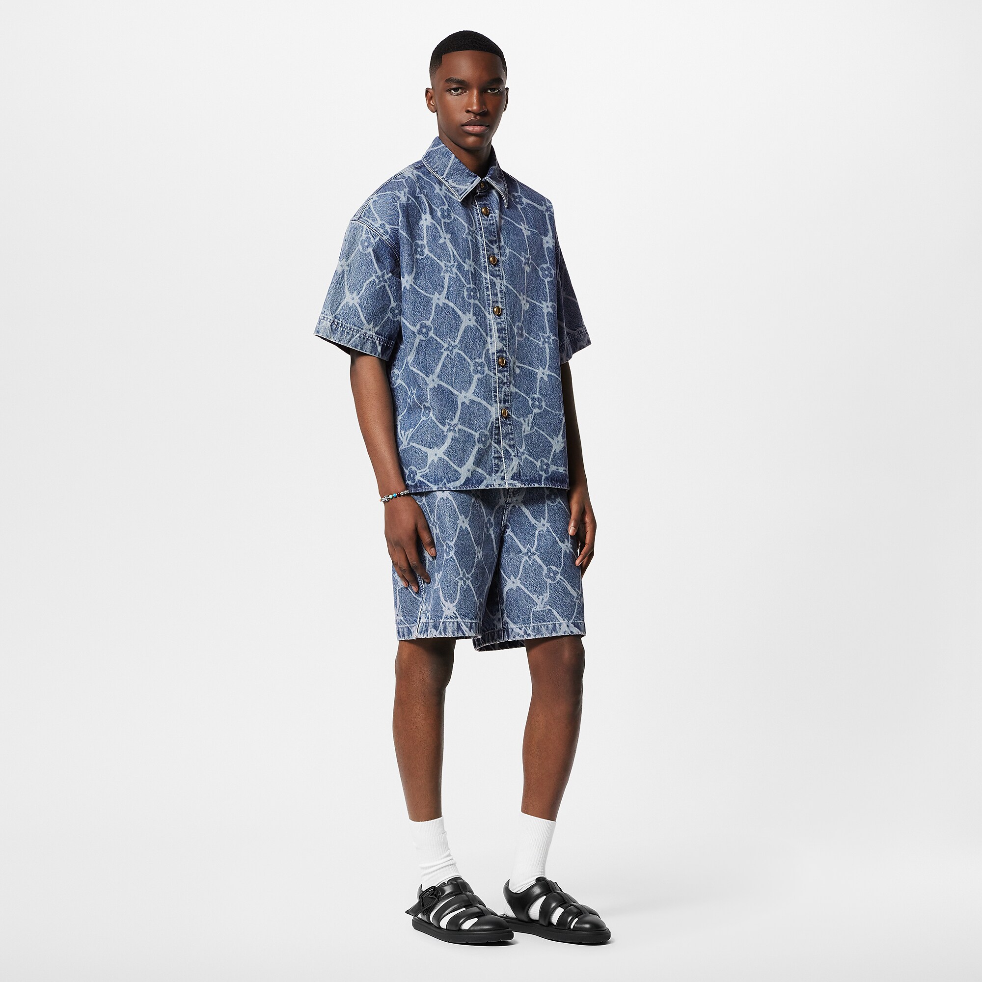 Monogram Printed Short-Sleeved Denim Shirt