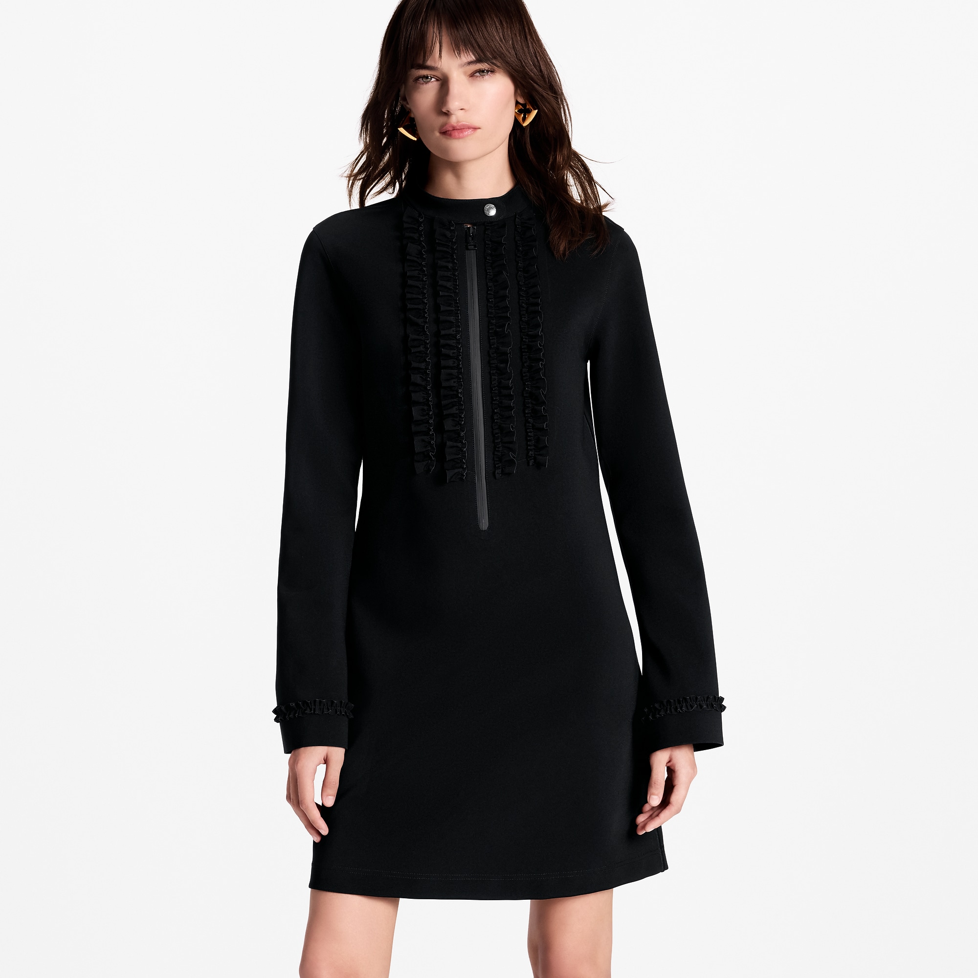 Ruffle Trim Long-Sleeved Technical Jersey Dress