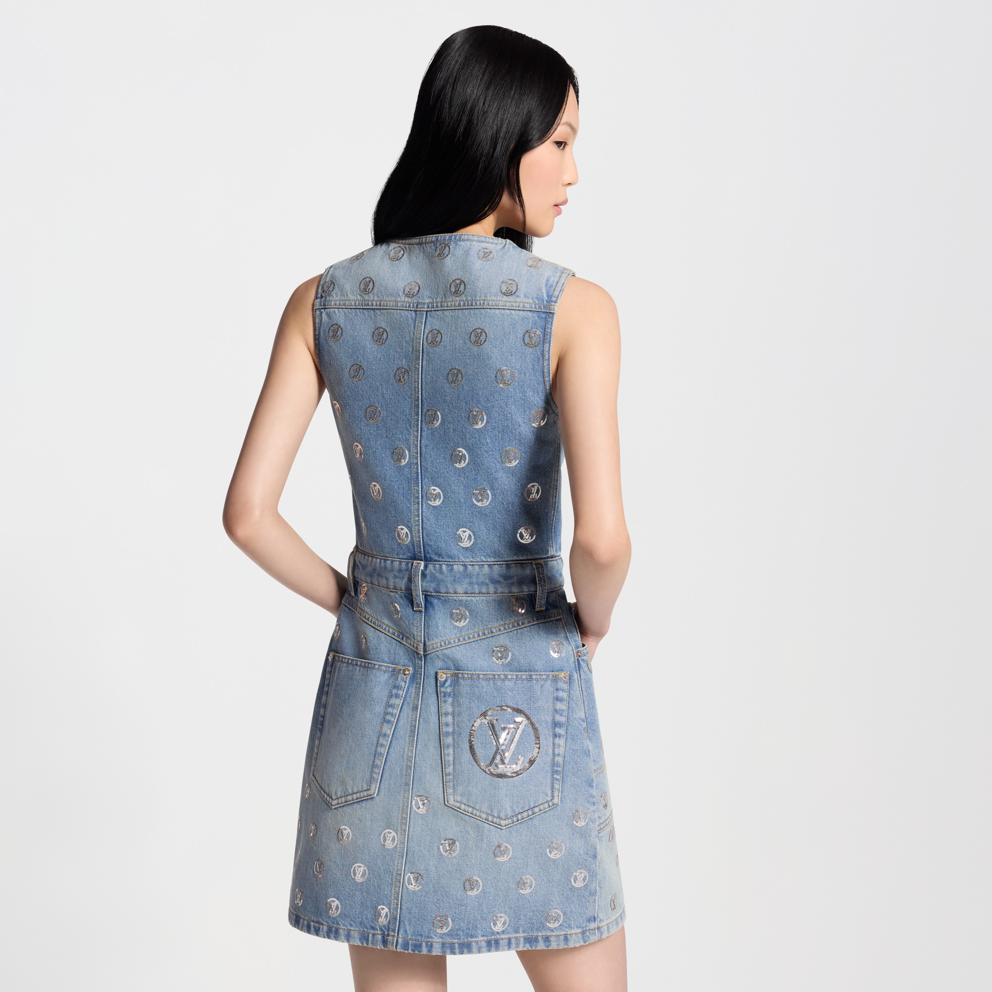 sequin denim dress Denim Rhinestone Shift Dress – shoprodeodrive main image 0