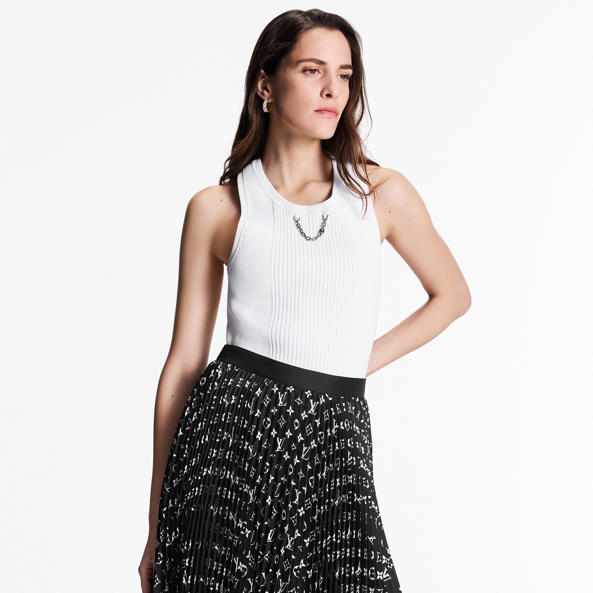 Stripe Accent Monogram Pleated Skirt