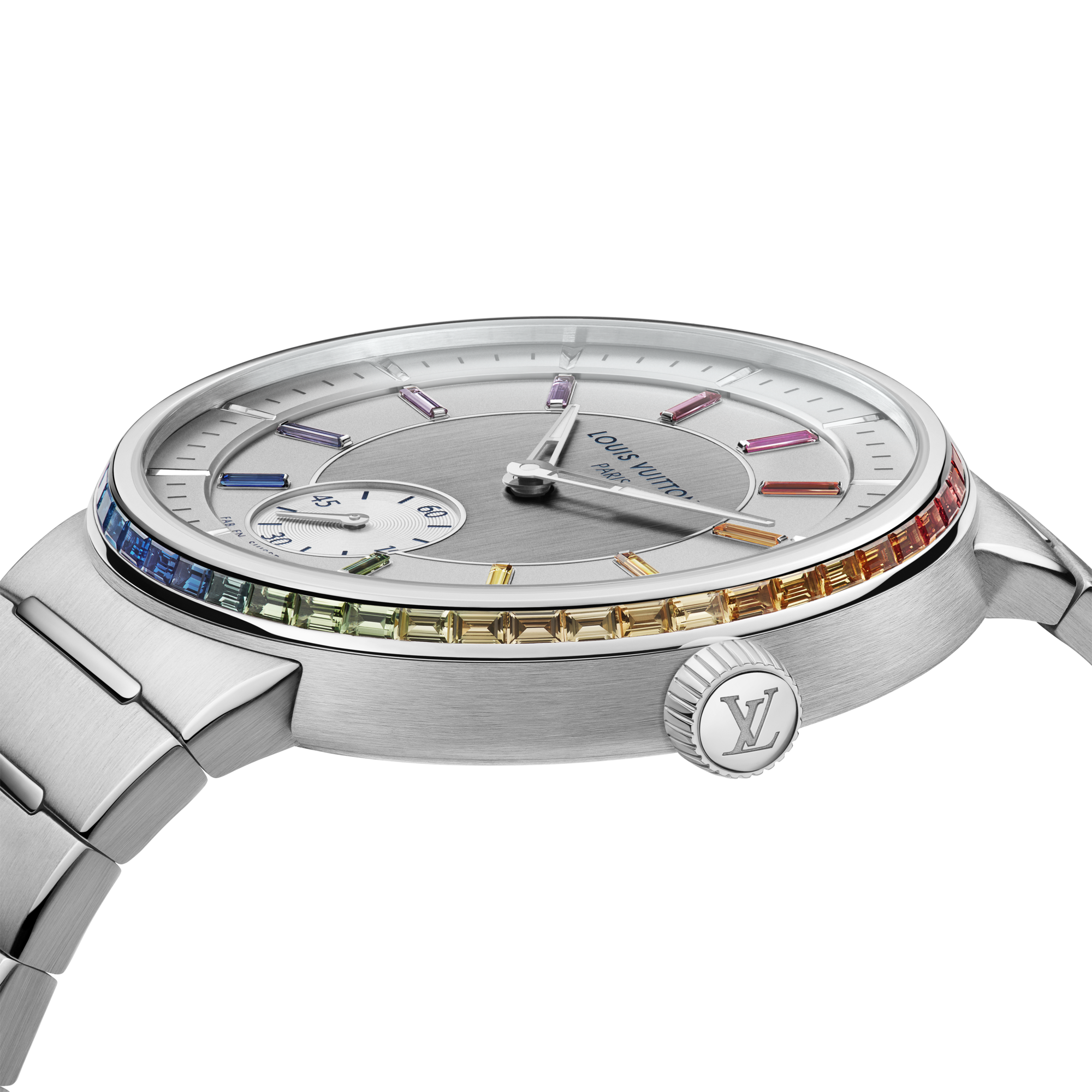  All Watches } Tambour, Automatic, 40mm, Platinum, sapphires and rubies | Louis Vuitton ® (Product zoom)