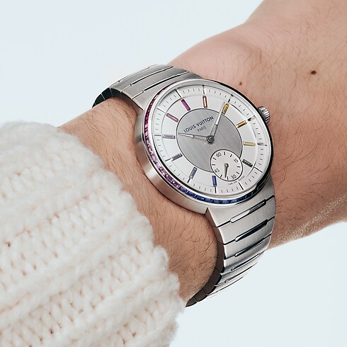 All Watches } Tambour, Automatic, 40mm, Platinum, sapphires and rubies | Louis Vuitton ® (Product zoom)