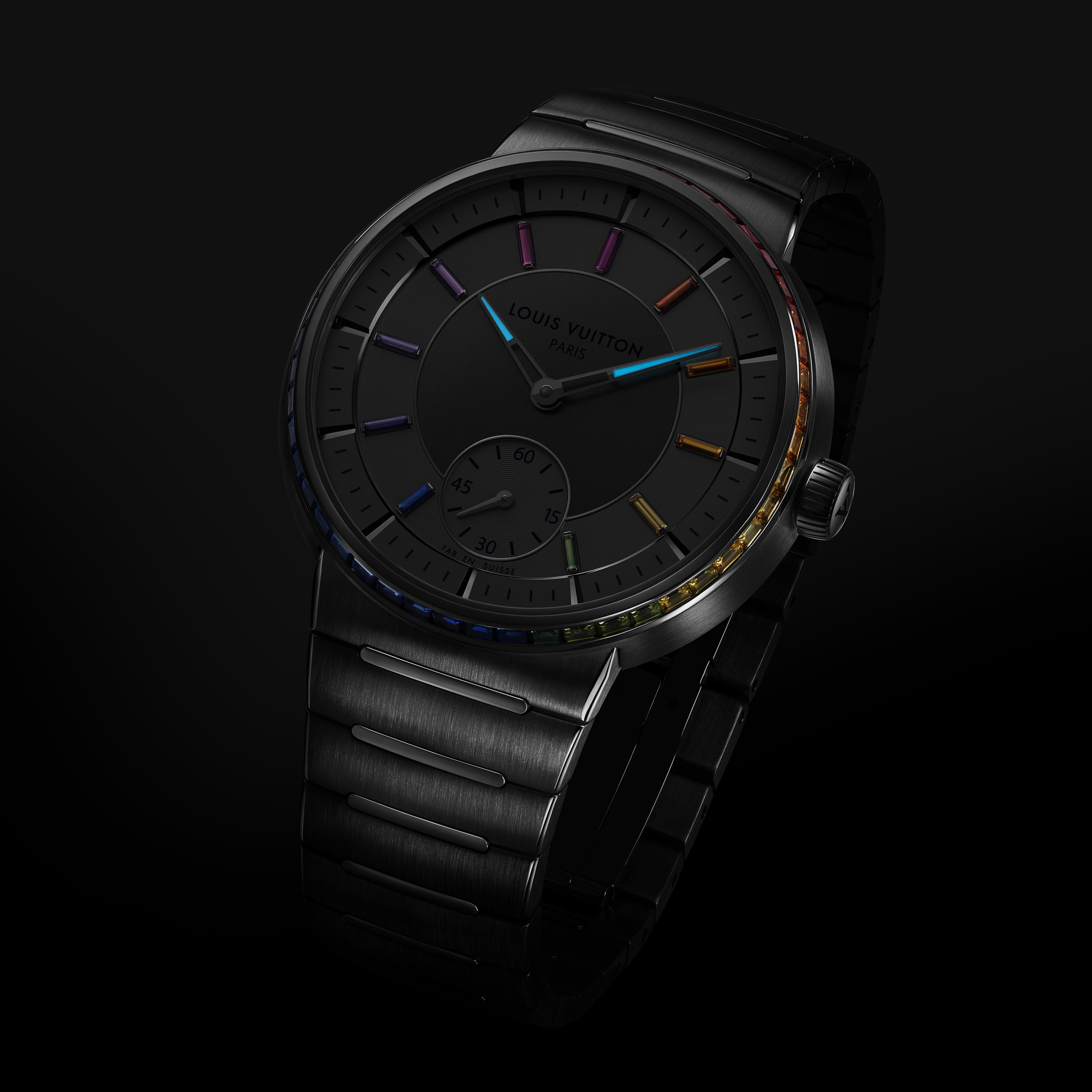  All Watches } Tambour, Automatic, 40mm, Platinum, sapphires and rubies | Louis Vuitton ® (Product zoom)