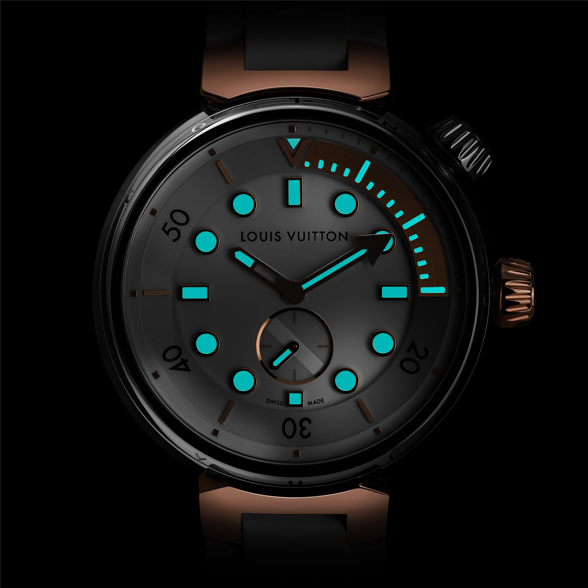  All Watches } Tambour Street Diver, Quartz, 39.5mm, Steel and Rose Gold | Louis Vuitton ® (Product zoom)