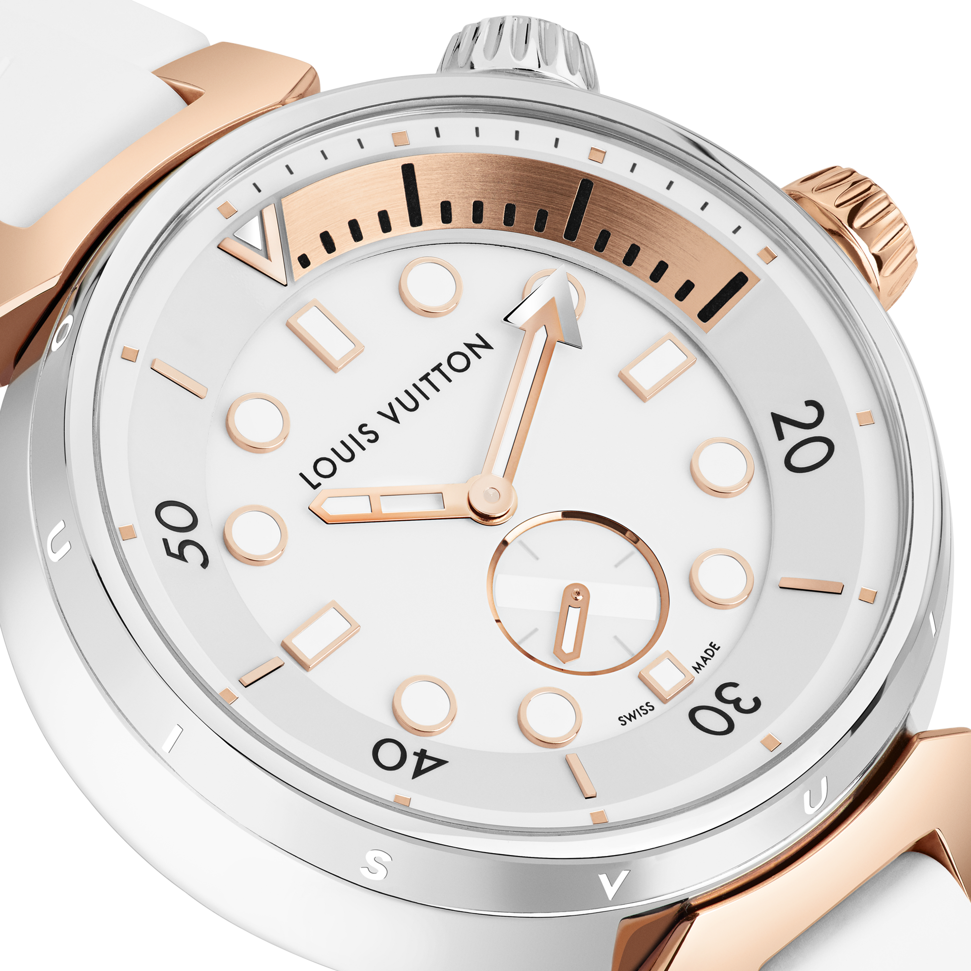  All Watches } Tambour Street Diver, Quartz, 39.5mm, Steel and Rose Gold | Louis Vuitton ® (Product zoom)
