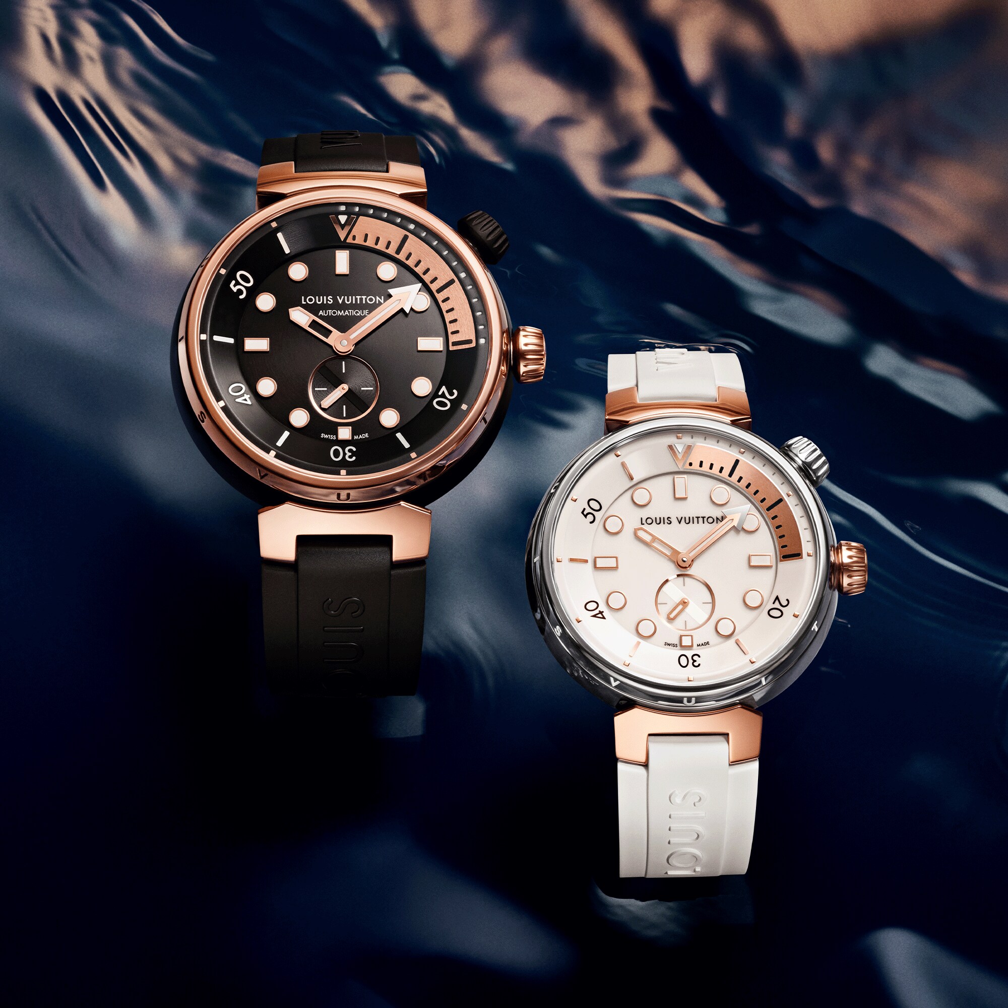  All Watches } Tambour Street Diver, Quartz, 39.5mm, Steel and Rose Gold | Louis Vuitton ® (Product zoom)